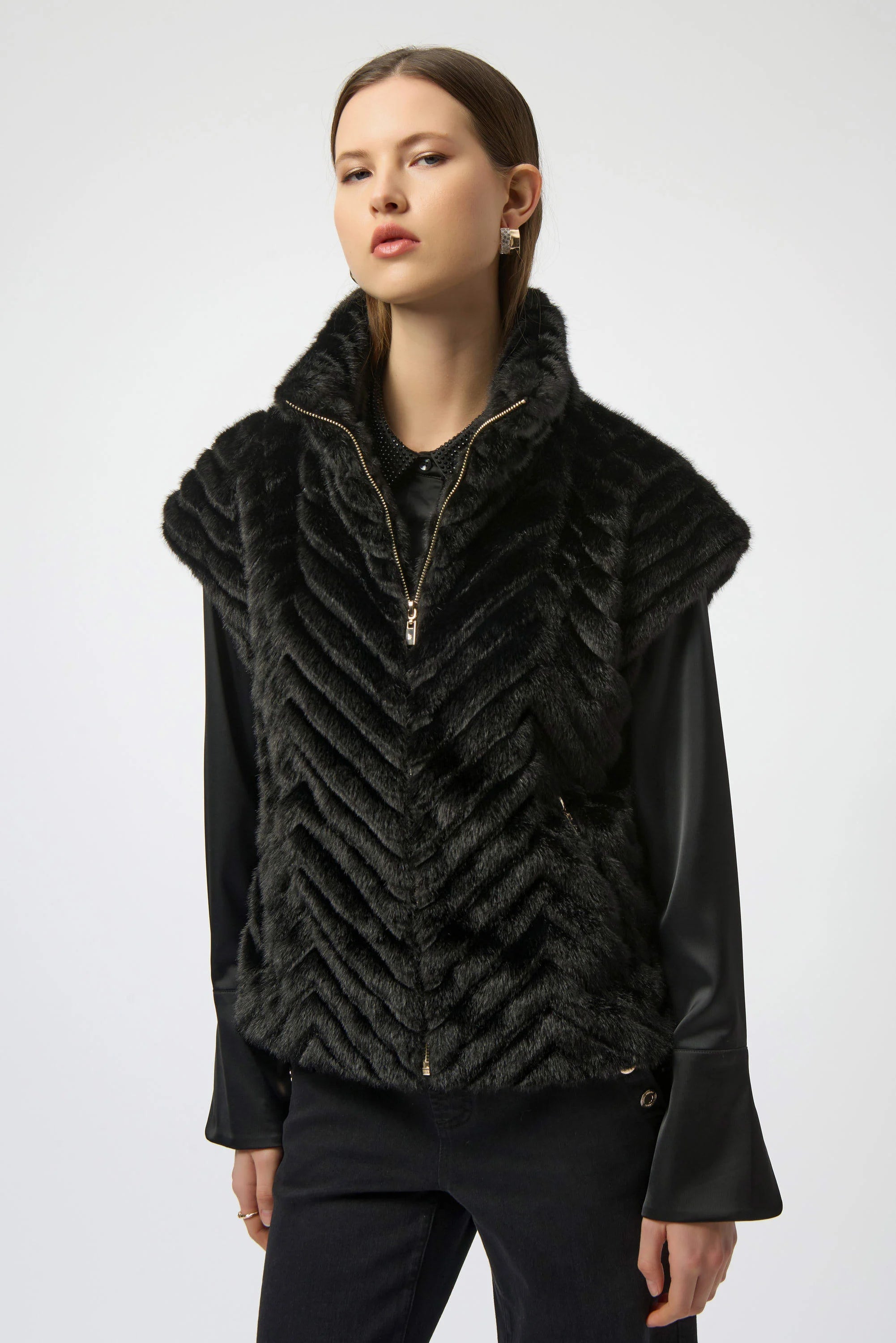 Joseph Ribkoff Chevron Faux Fur Mock Neck Vest-254906