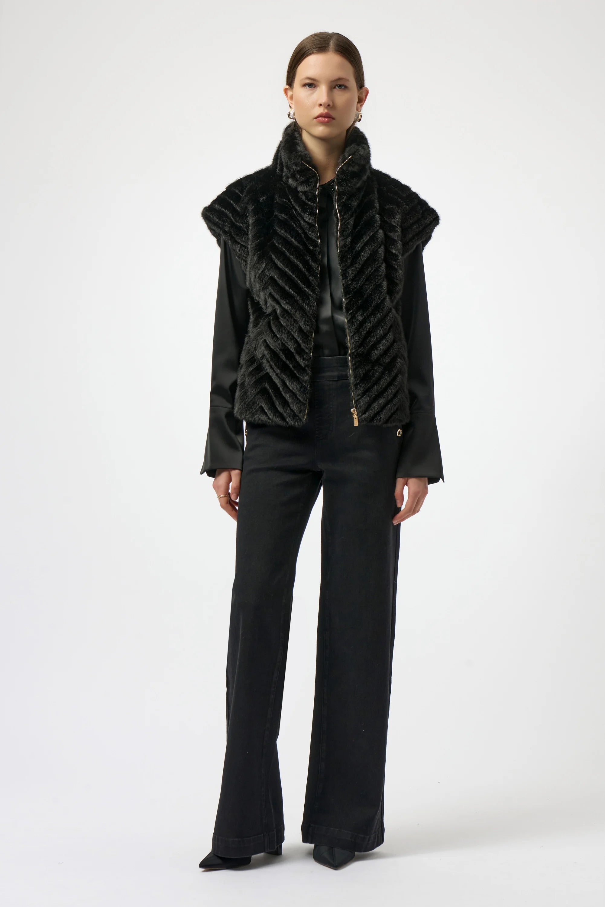 Joseph Ribkoff Chevron Faux Fur Mock Neck Vest-254906