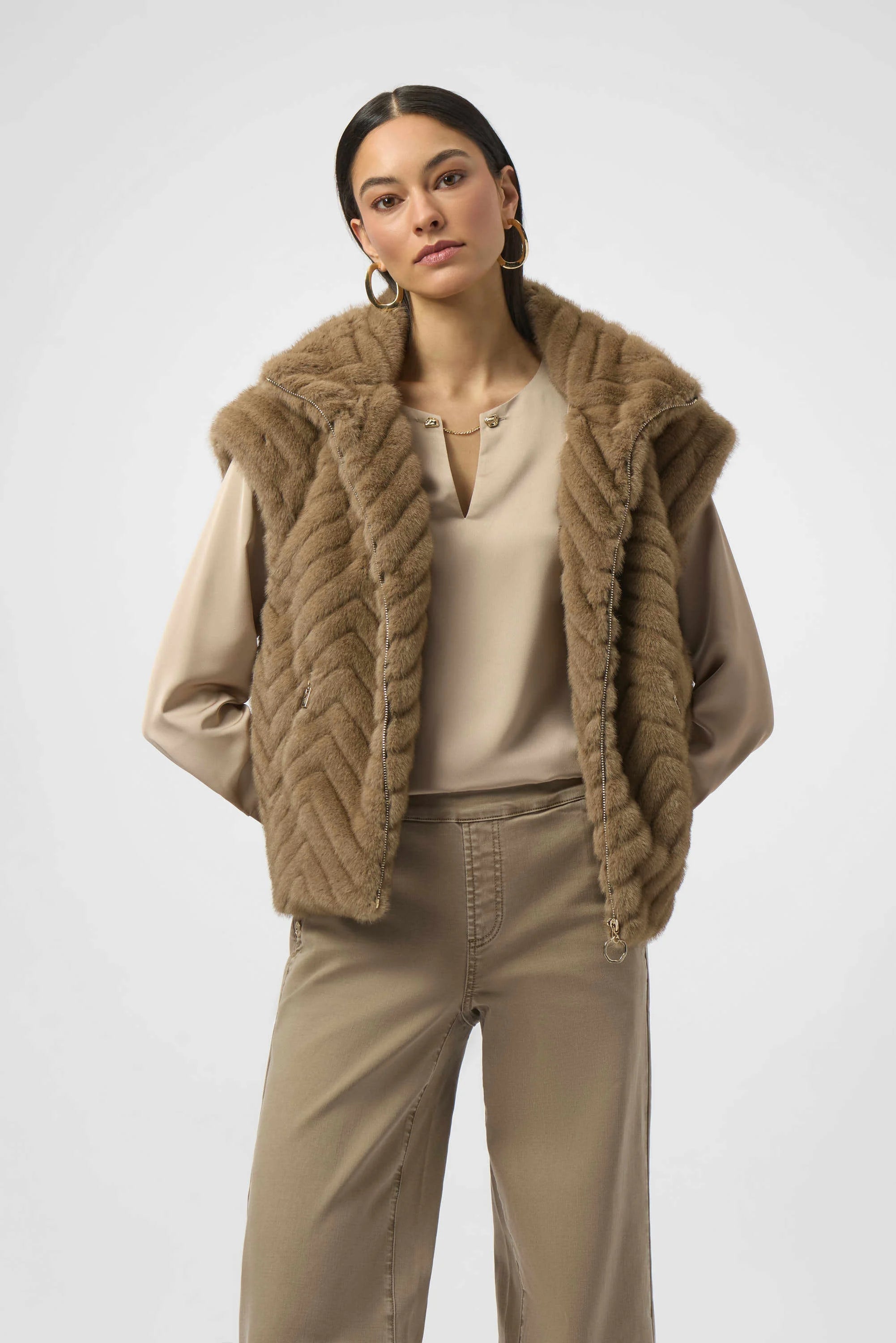Joseph Ribkoff Chevron Faux Fur Mock Neck Vest-254906