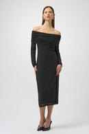 Joseph Ribkoff Rhinestone Mesh Off-Shoulder Midi Dress-254913