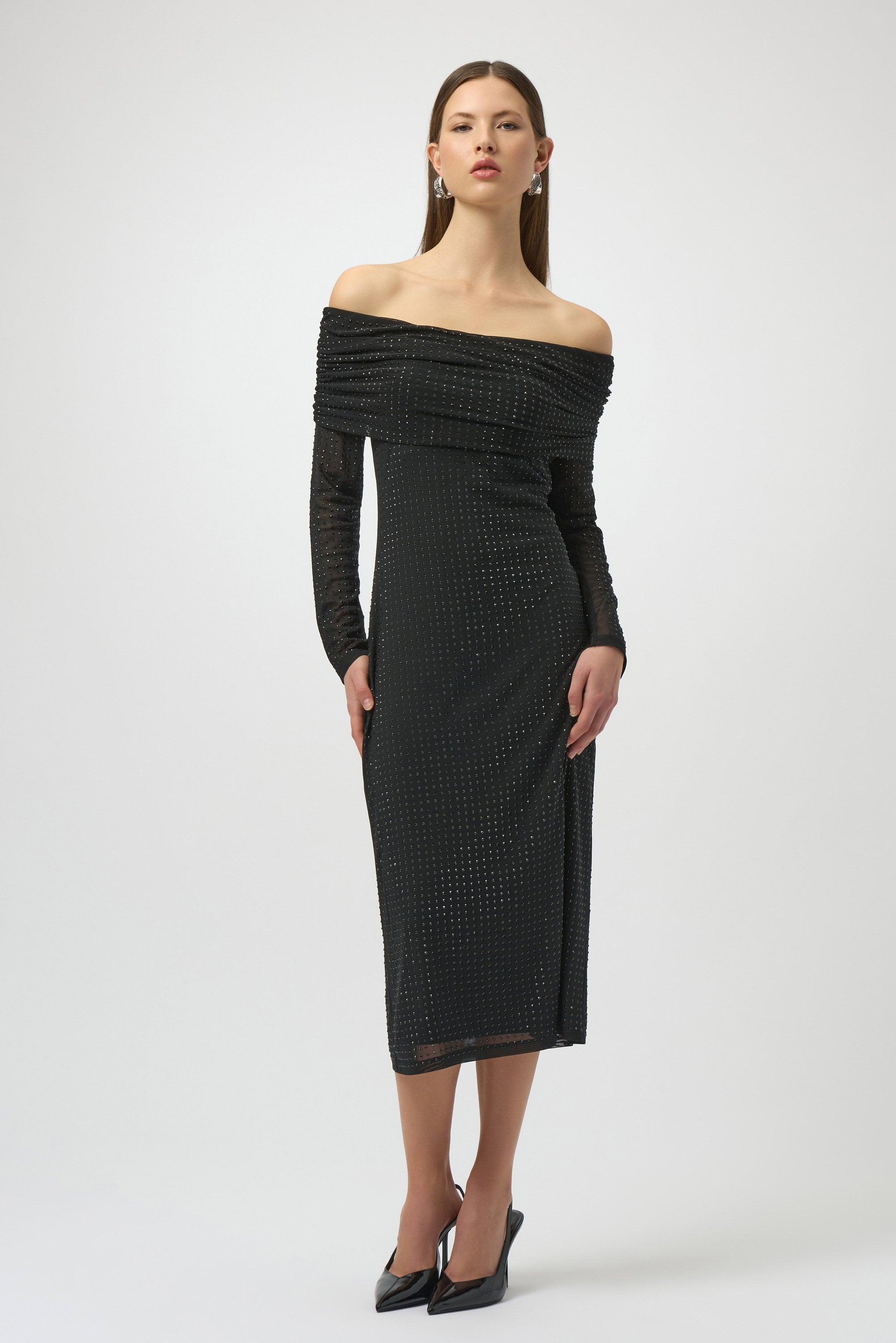 Joseph Ribkoff Rhinestone Mesh Off-Shoulder Midi Dress-254913