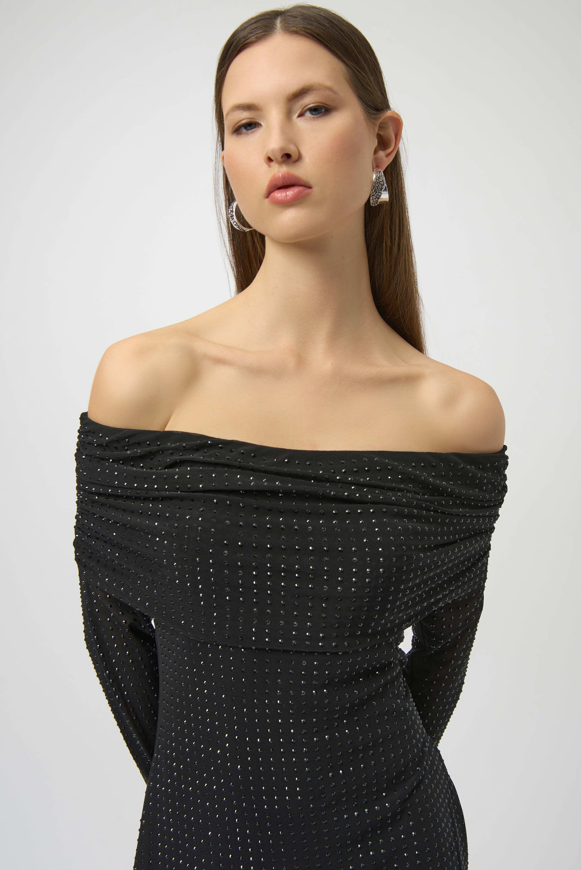 Joseph Ribkoff Rhinestone Mesh Off-Shoulder Midi Dress-254913