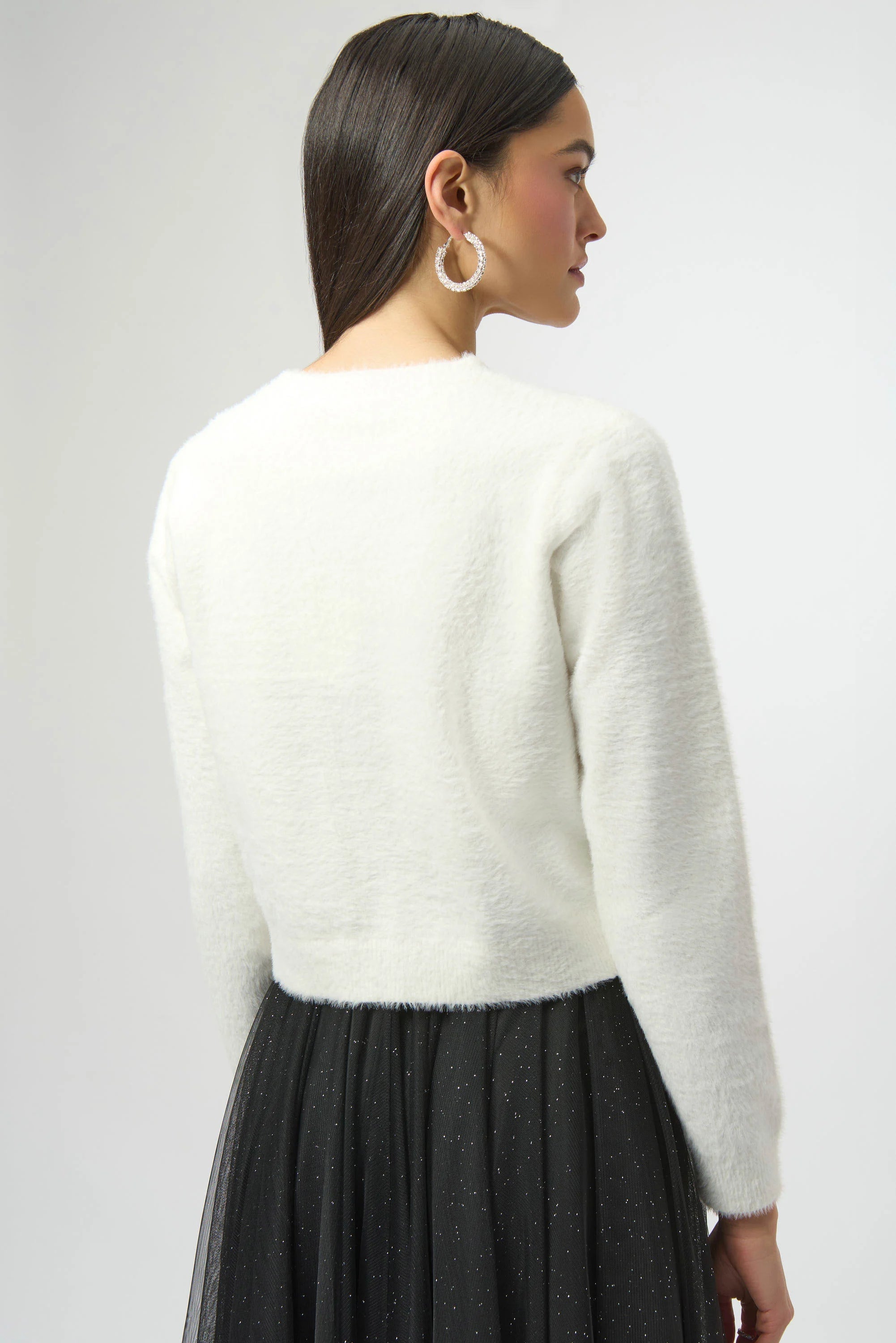 Joseph Ribkoff Feather Yarn Cardigan with Rhinestone Bow-254955