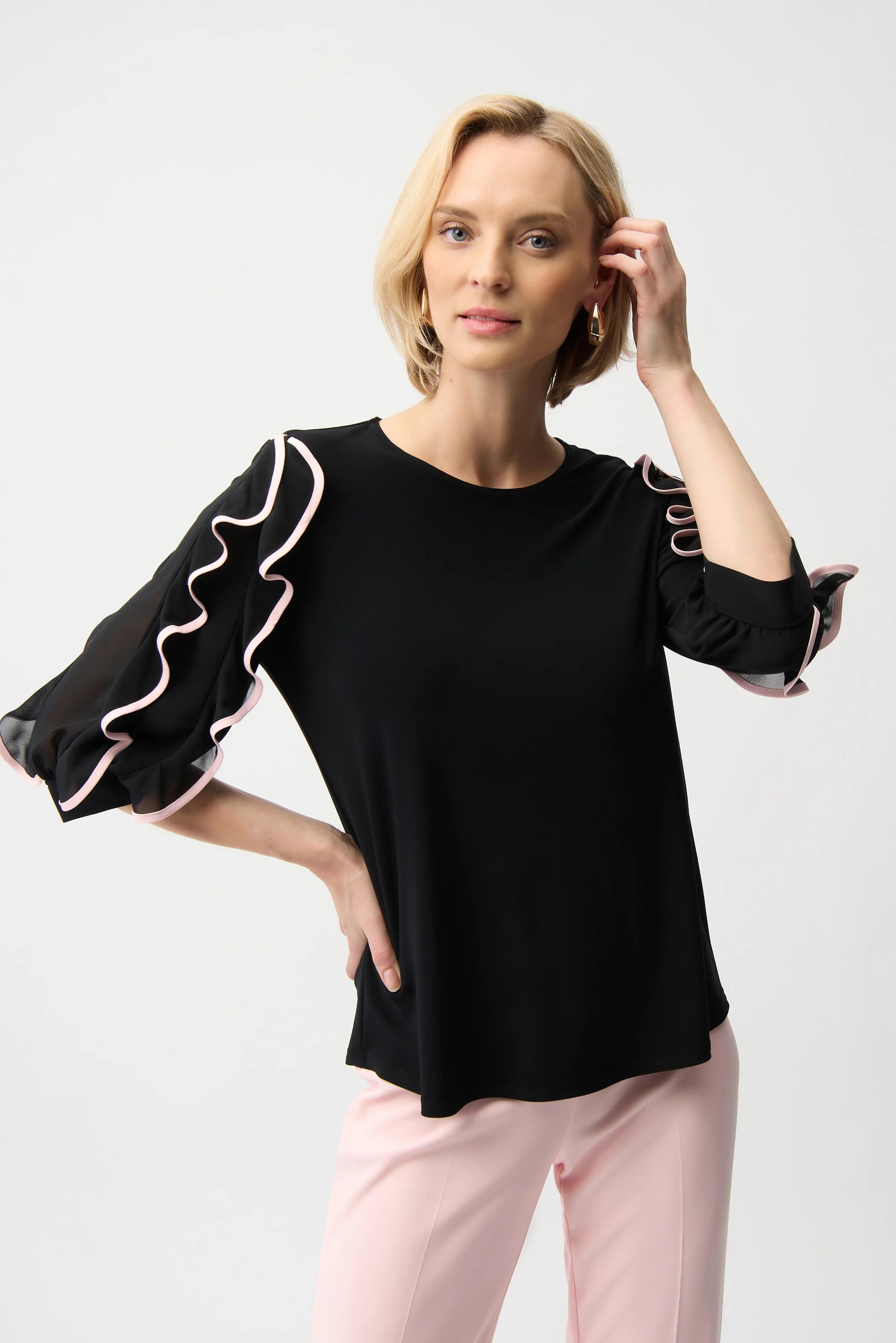 Joseph Ribkoff Silky Knit Top with Chiffon Ruffled Sleeves-261009