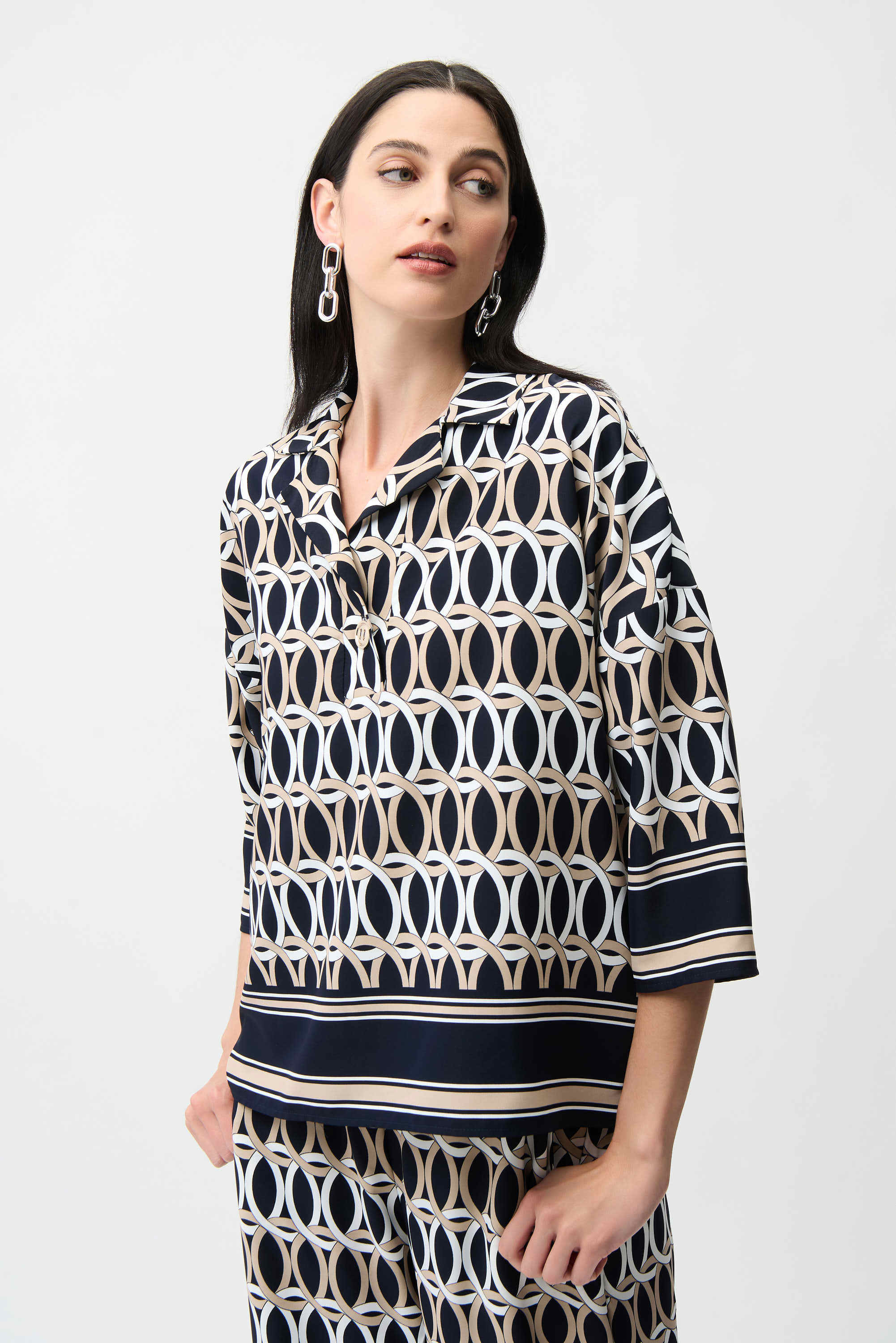 Joseph Ribkoff Recycled Woven Geometric Print Boxy Top With Shirt Collar-261057
