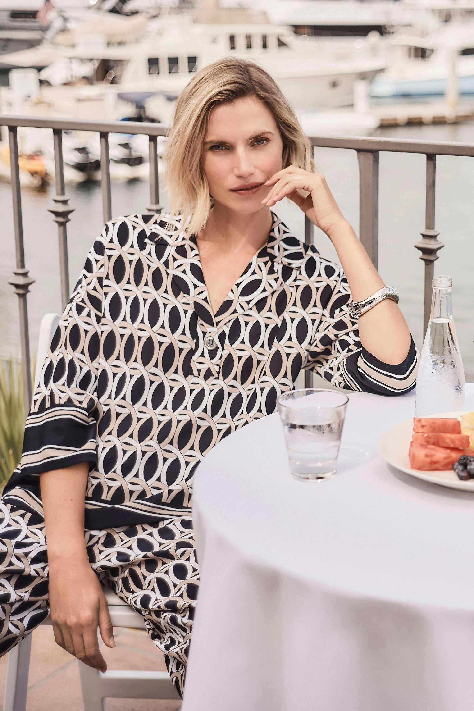 Joseph Ribkoff Recycled Woven Geometric Print Boxy Top With Shirt Collar-261057