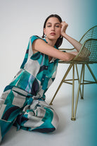 Textured Satin Geometric Print Boxy Top With Front Ties