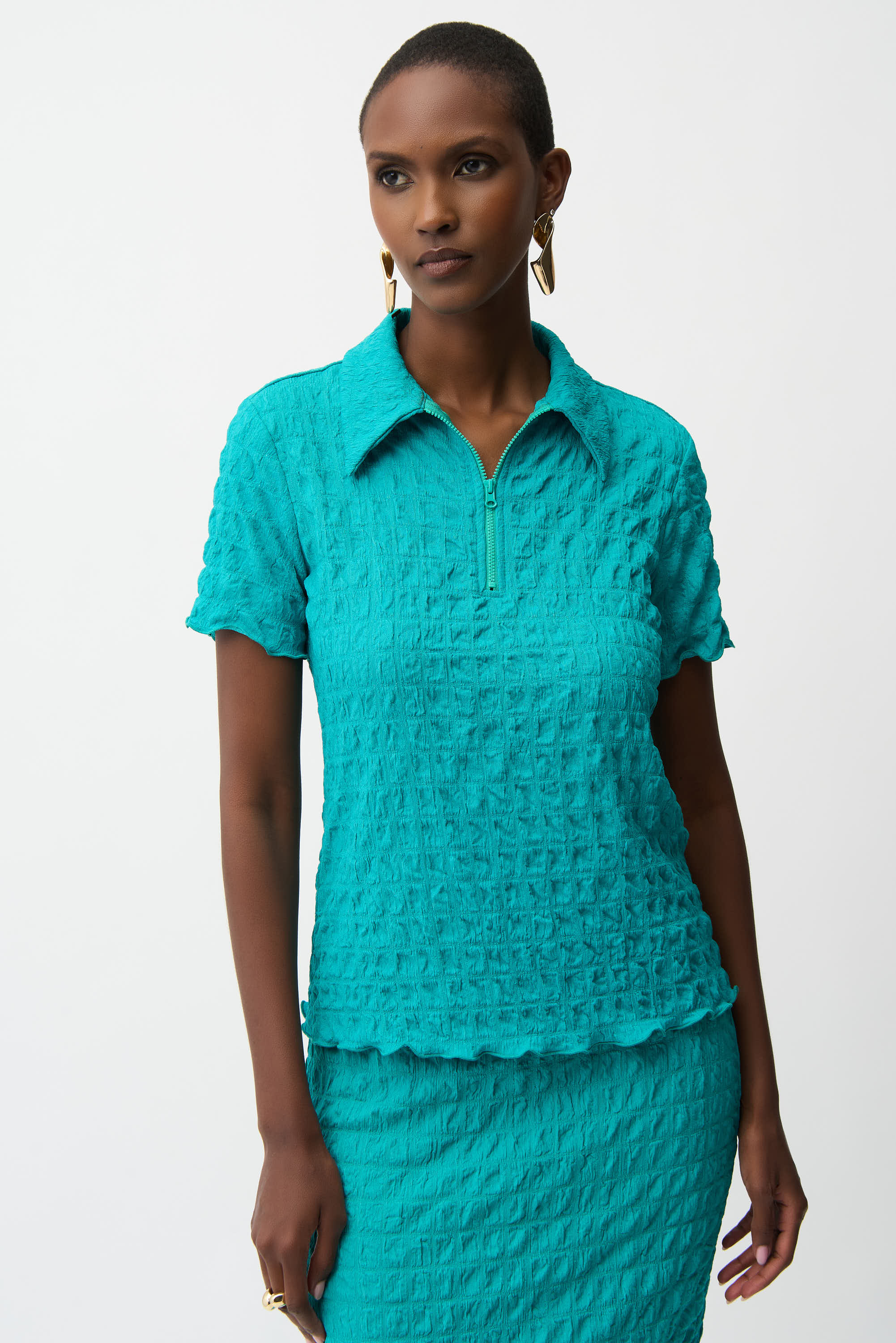 Joseph Ribkoff Textured Knit Fitted Top With Zipped Neckline