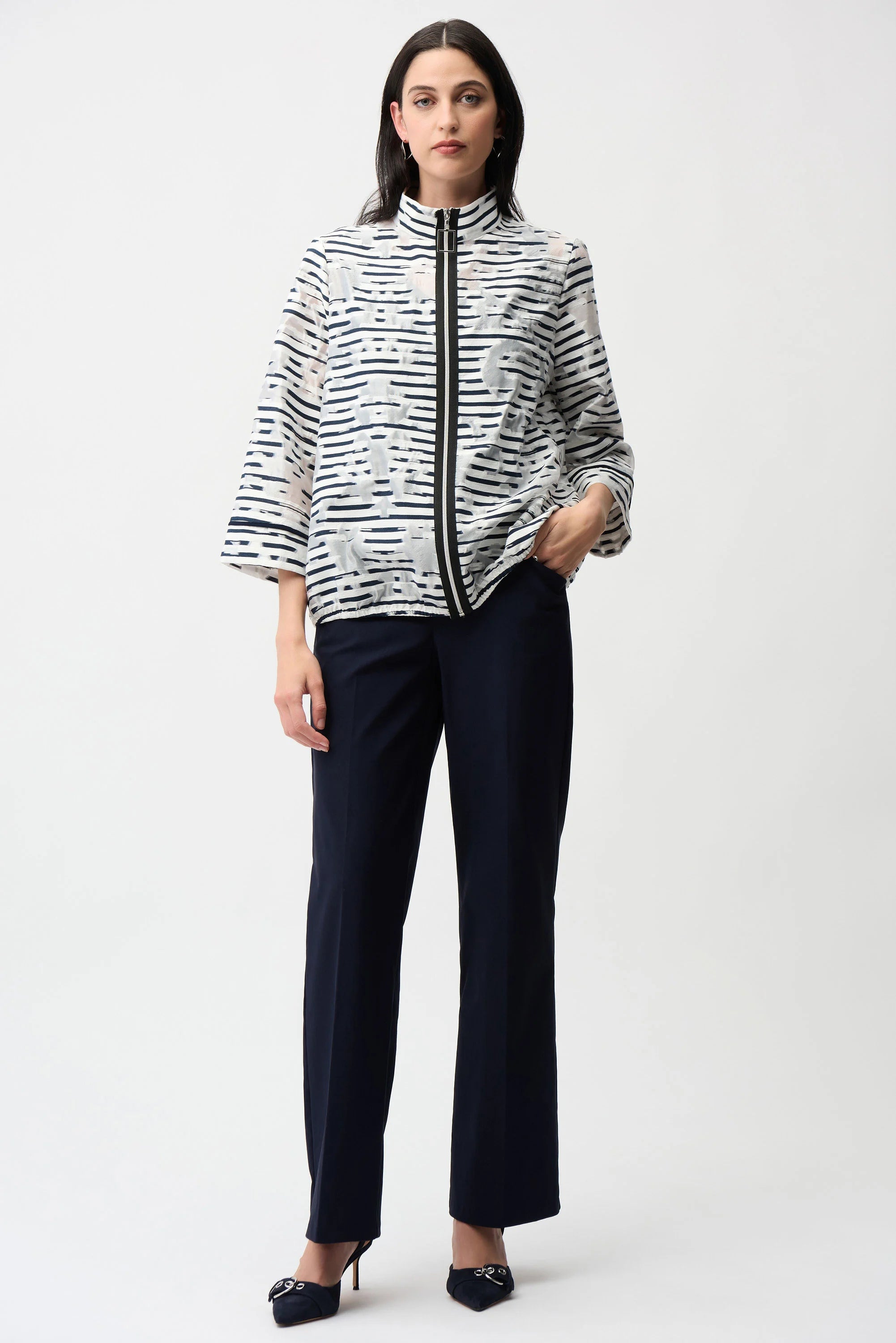 Joseph Ribkoff Jacquard Organza Stripe Bomber Jacket-261094