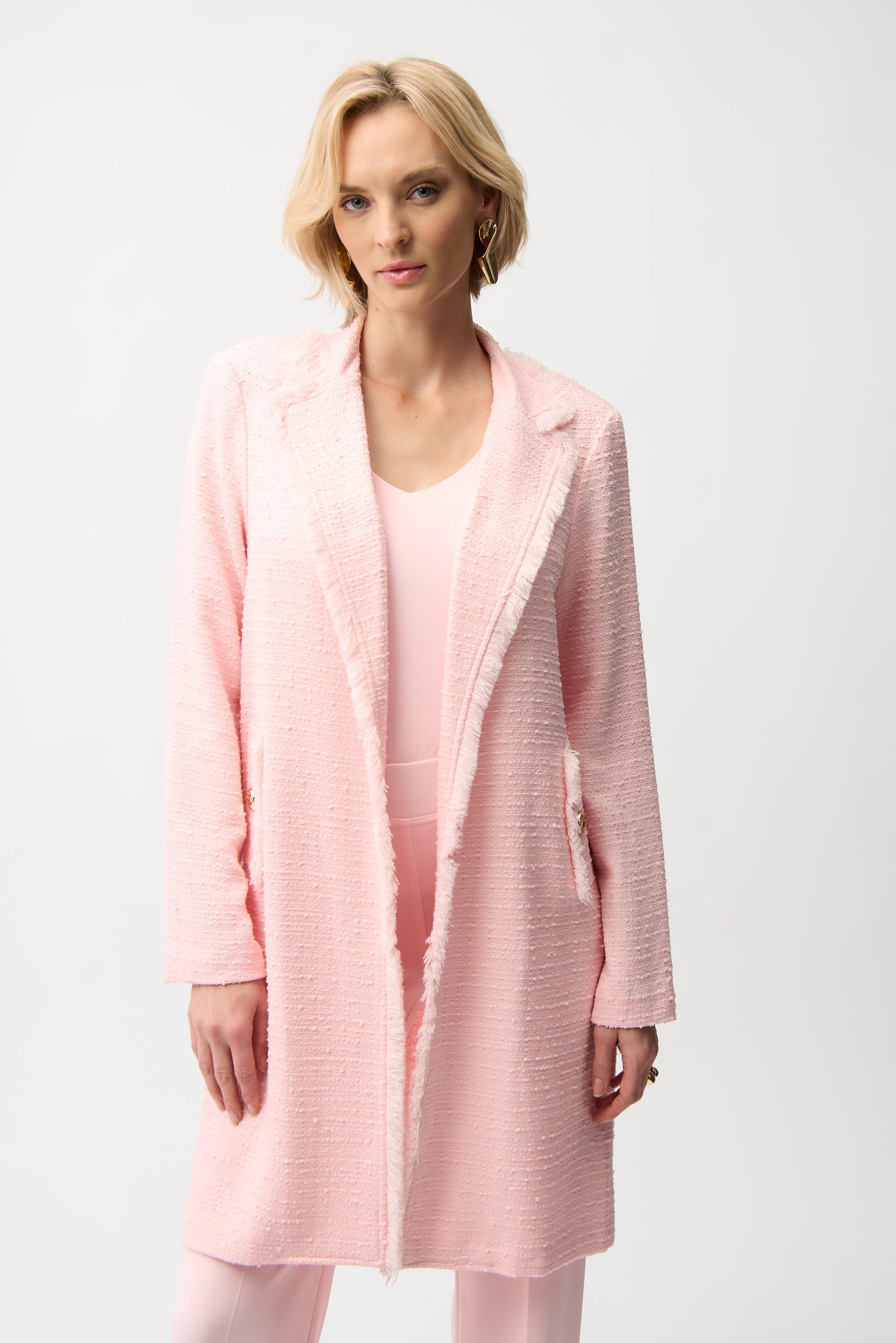 Bouclé Straight Coat With Fringe Detail