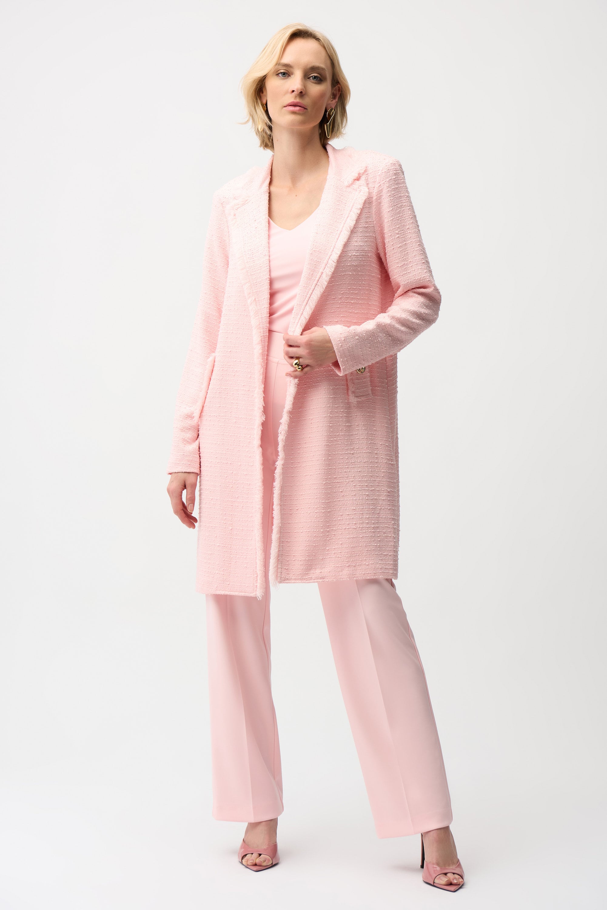 Bouclé Straight Coat With Fringe Detail