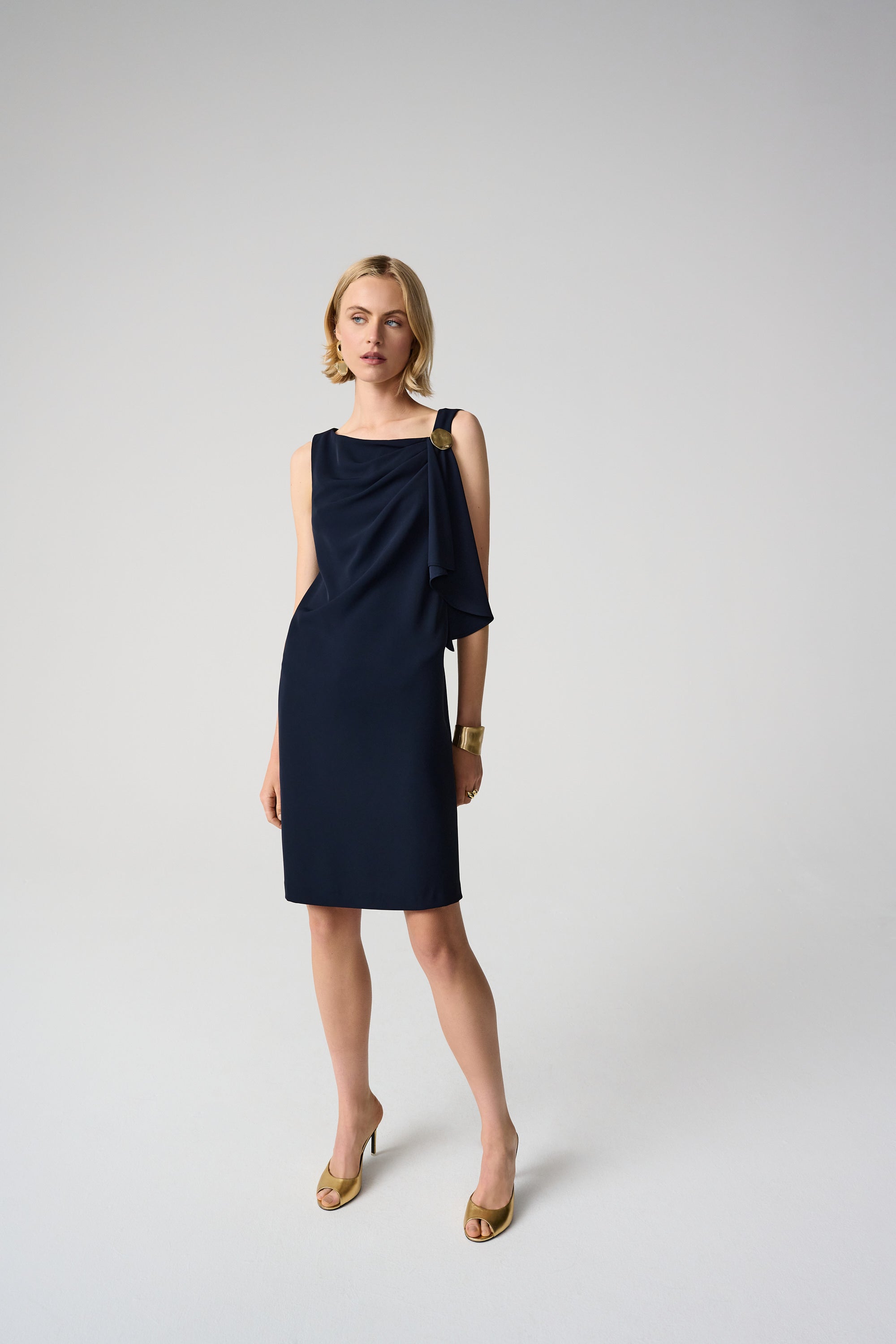 Woven Twill Shift Dress With Asymmetrical Neckline