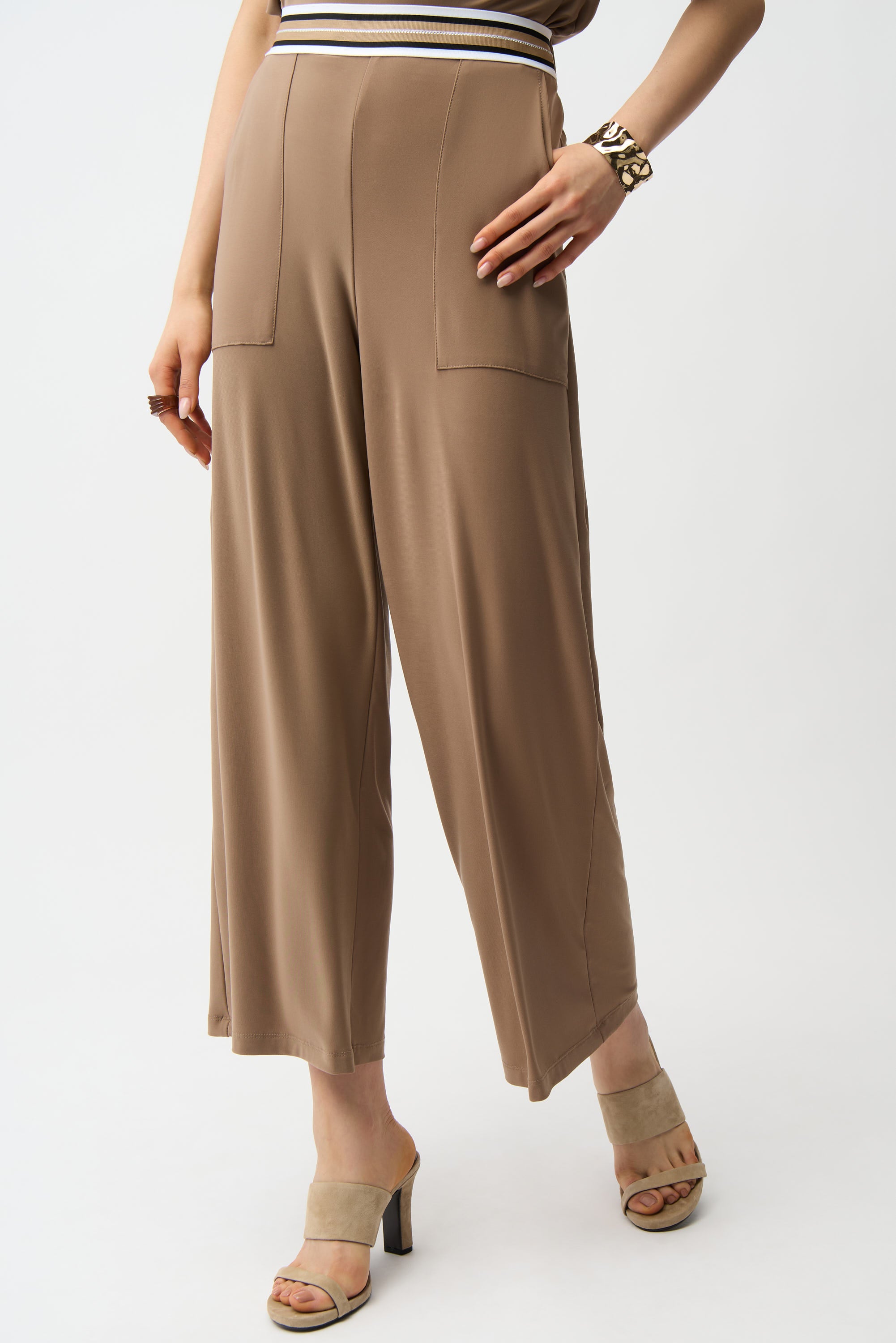 Silky Knit Wide Leg Pull-On Pants With Stripe Waistband