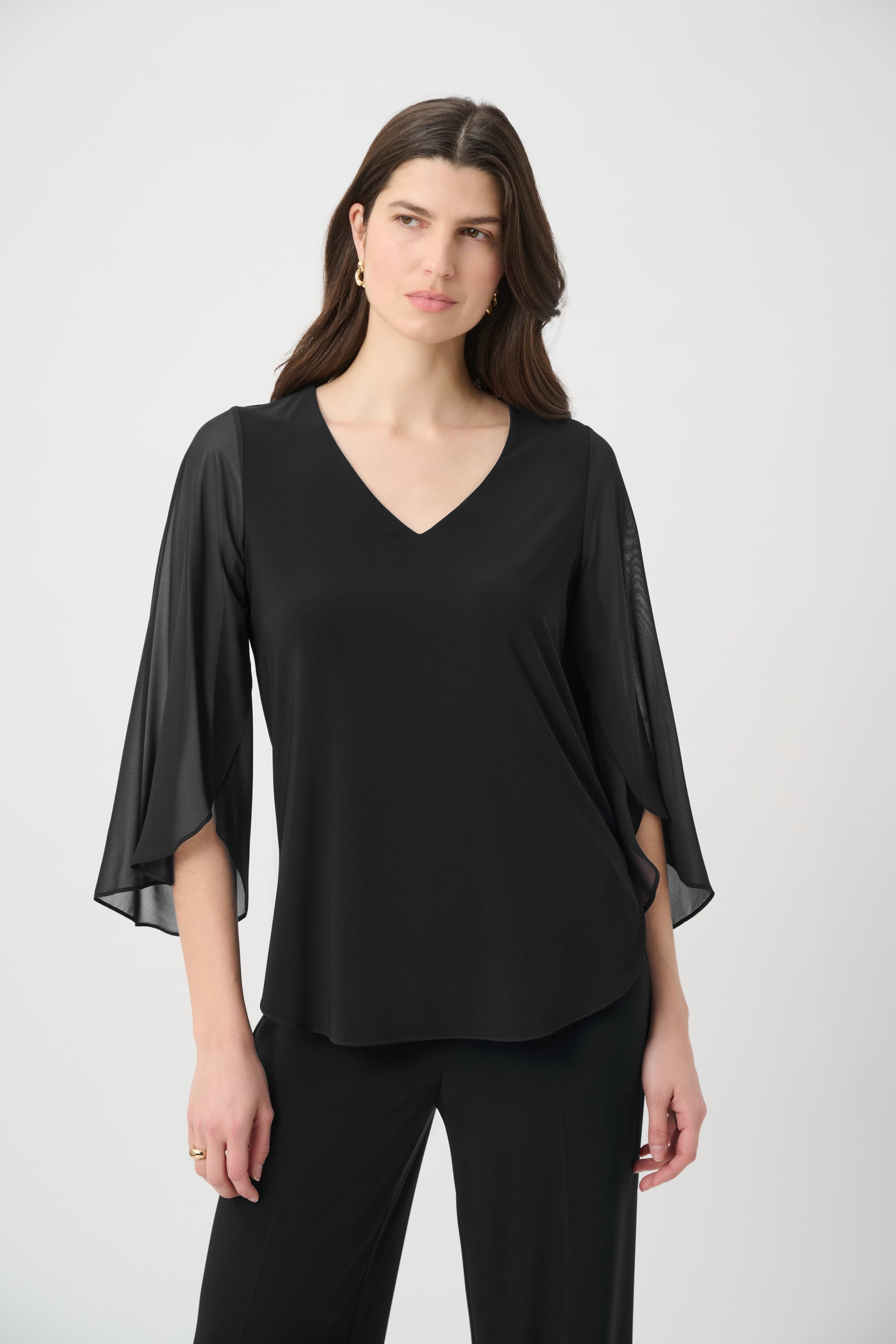 Joseph Ribkoff Silky Knit Straight Tunic With Chiffon Tulip Sleeves-261183, Black
