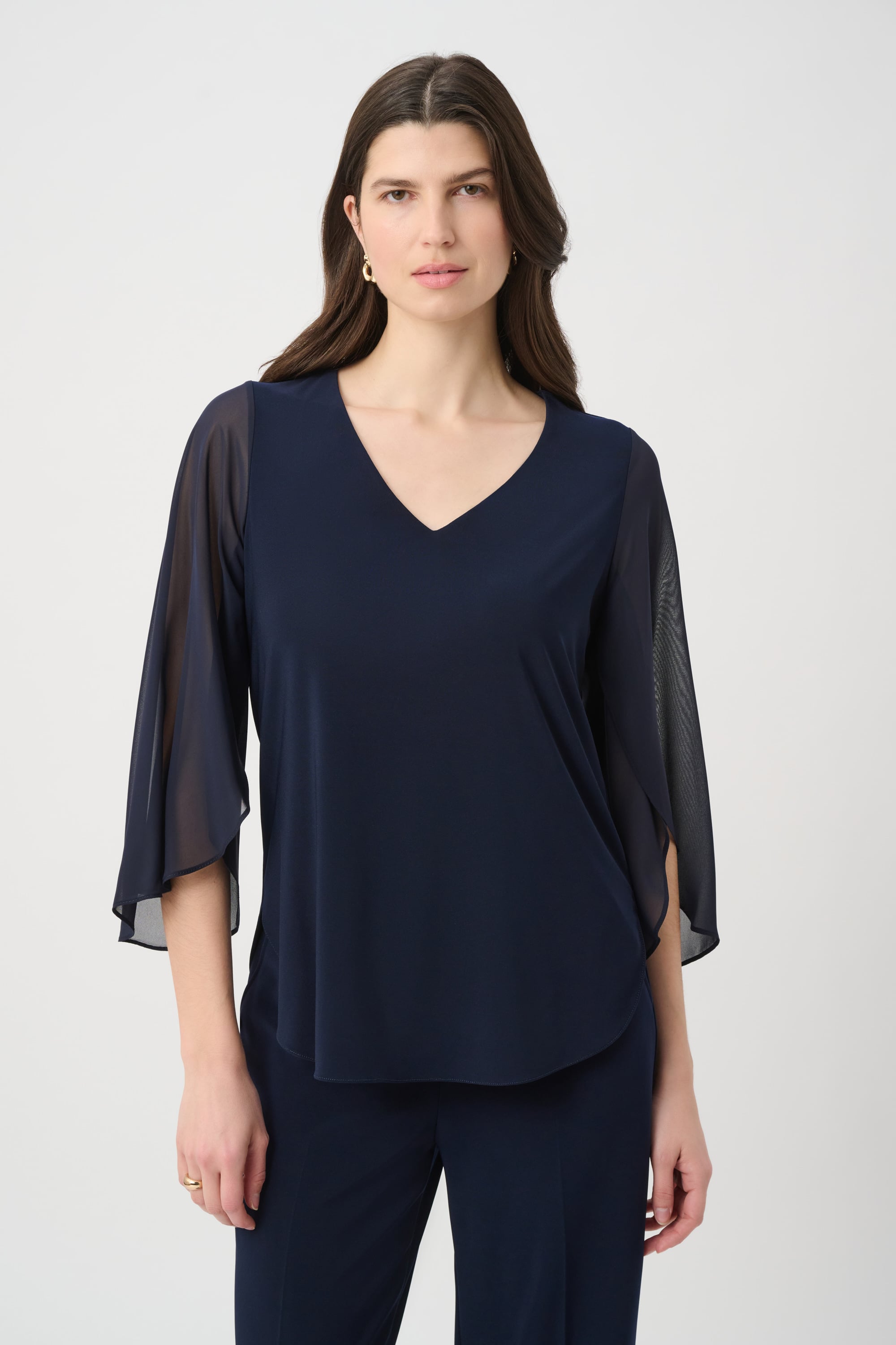 Joseph Ribkoff Silky Knit Straight Tunic With Chiffon Tulip Sleeves-261183, Midnight Blue