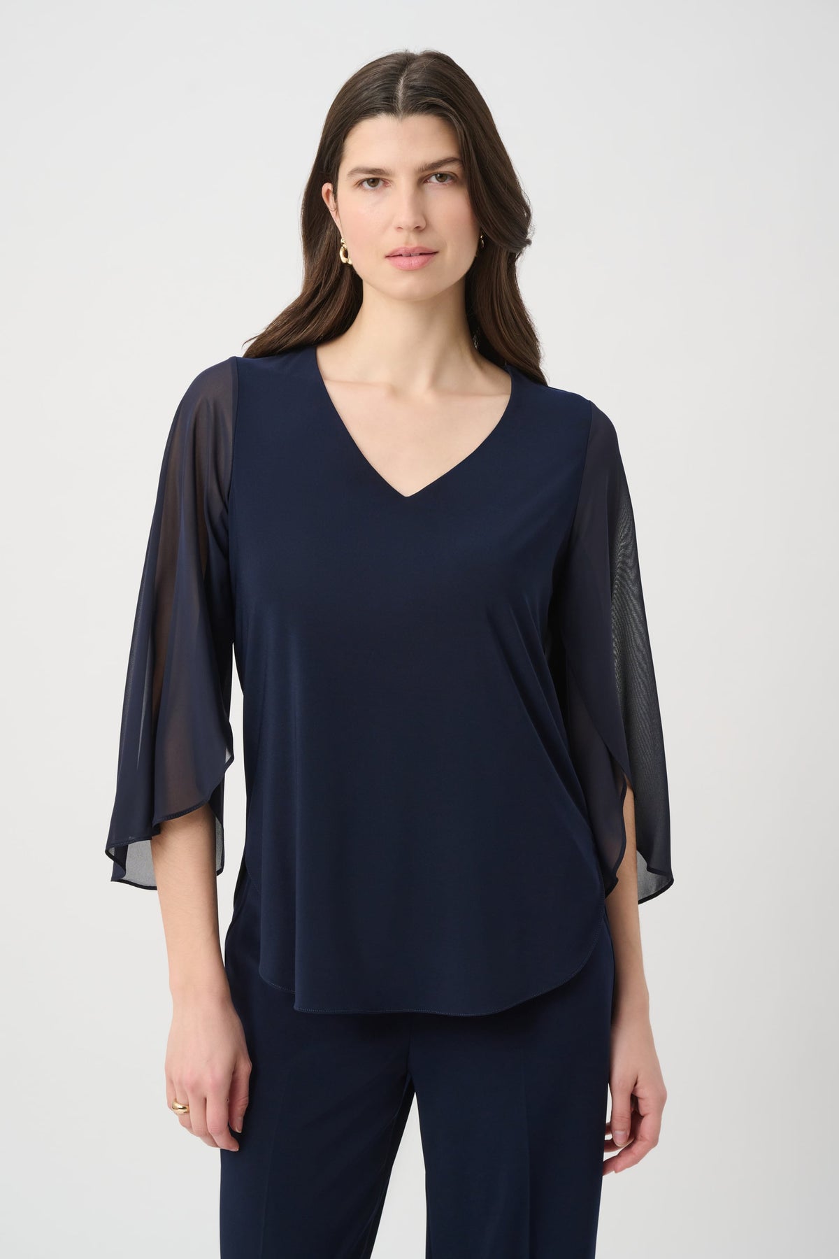 Joseph Ribkoff Silky Knit Straight Tunic With Chiffon Tulip Sleeves-261183, Midnight Blue