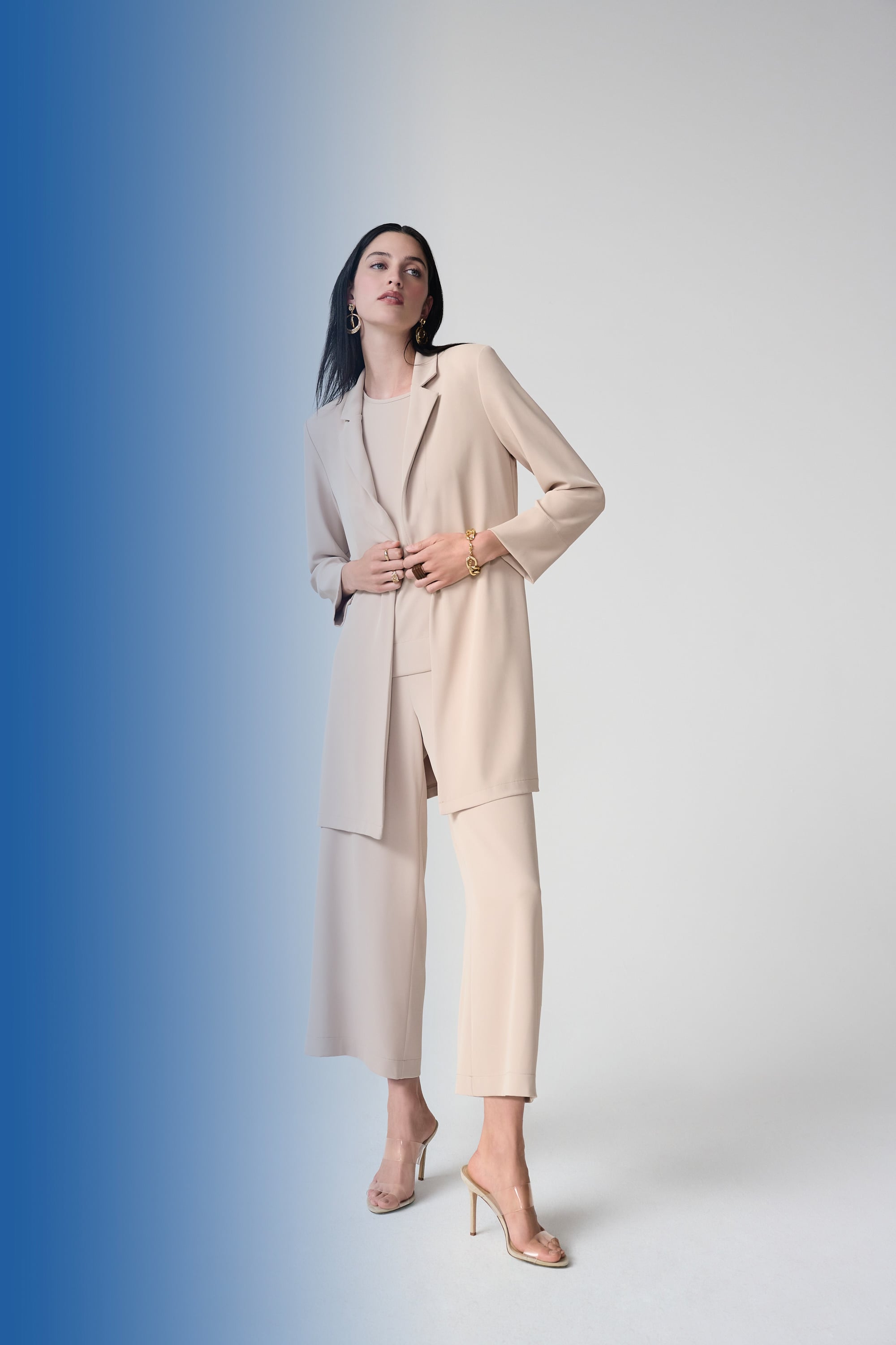Woven Twill Longline Blazer With Notched Collar