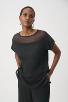 Seersucker and Mesh Boxy Top With Boat Neckline