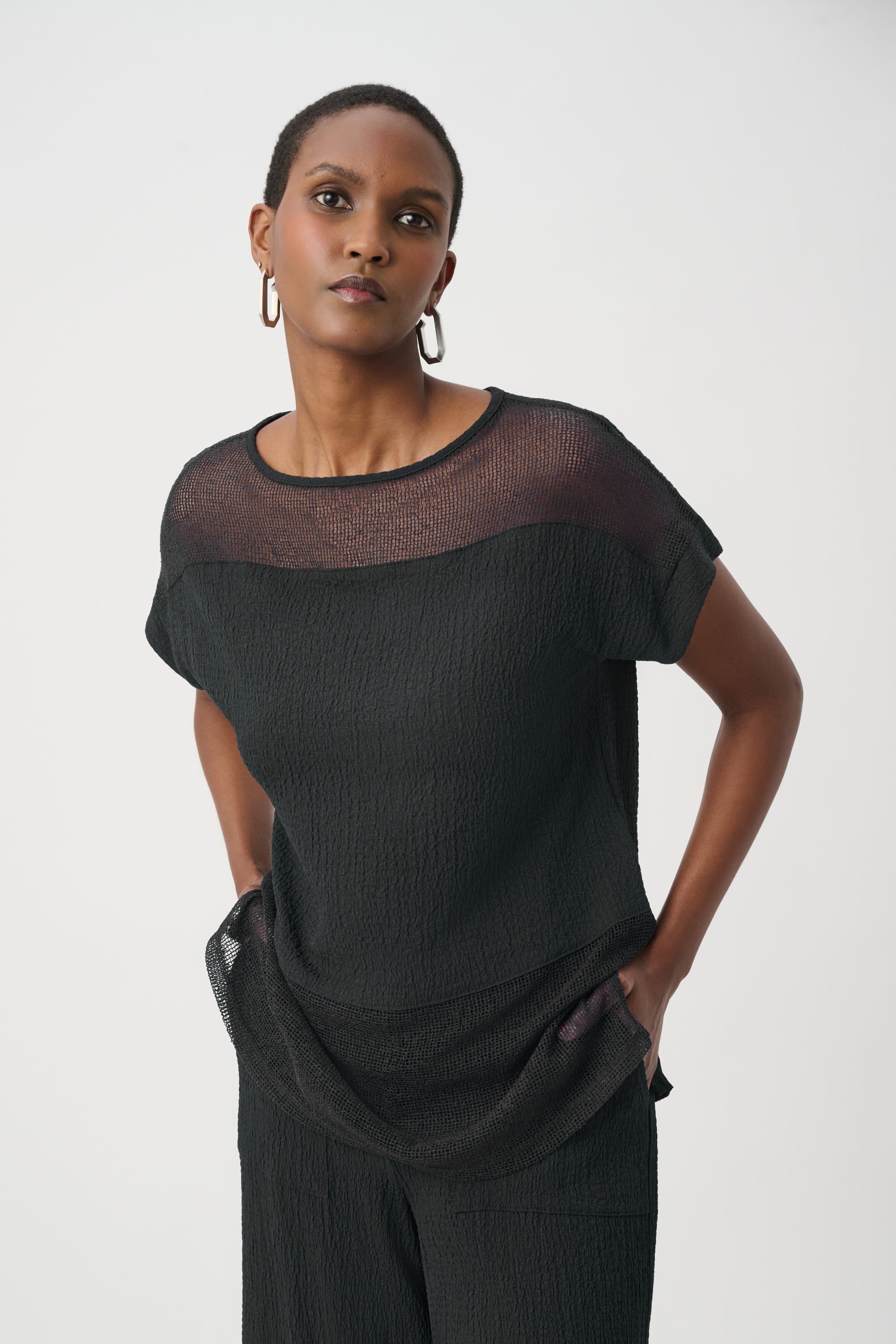 Seersucker and Mesh Boxy Top With Boat Neckline
