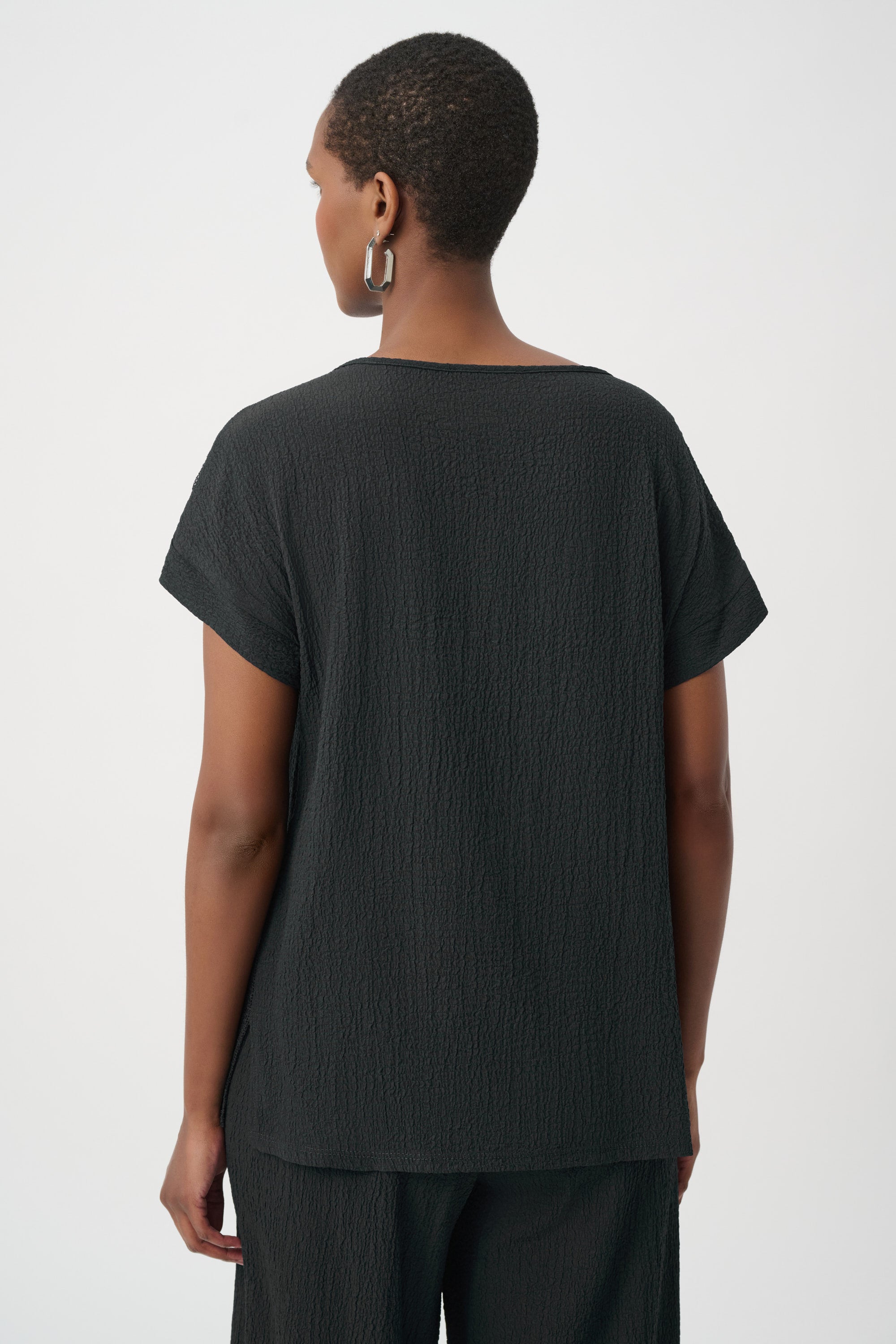 Seersucker and Mesh Boxy Top With Boat Neckline