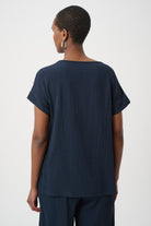 Seersucker and Mesh Boxy Top With Boat Neckline