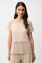 Seersucker and Mesh Boxy Top With Boat Neckline