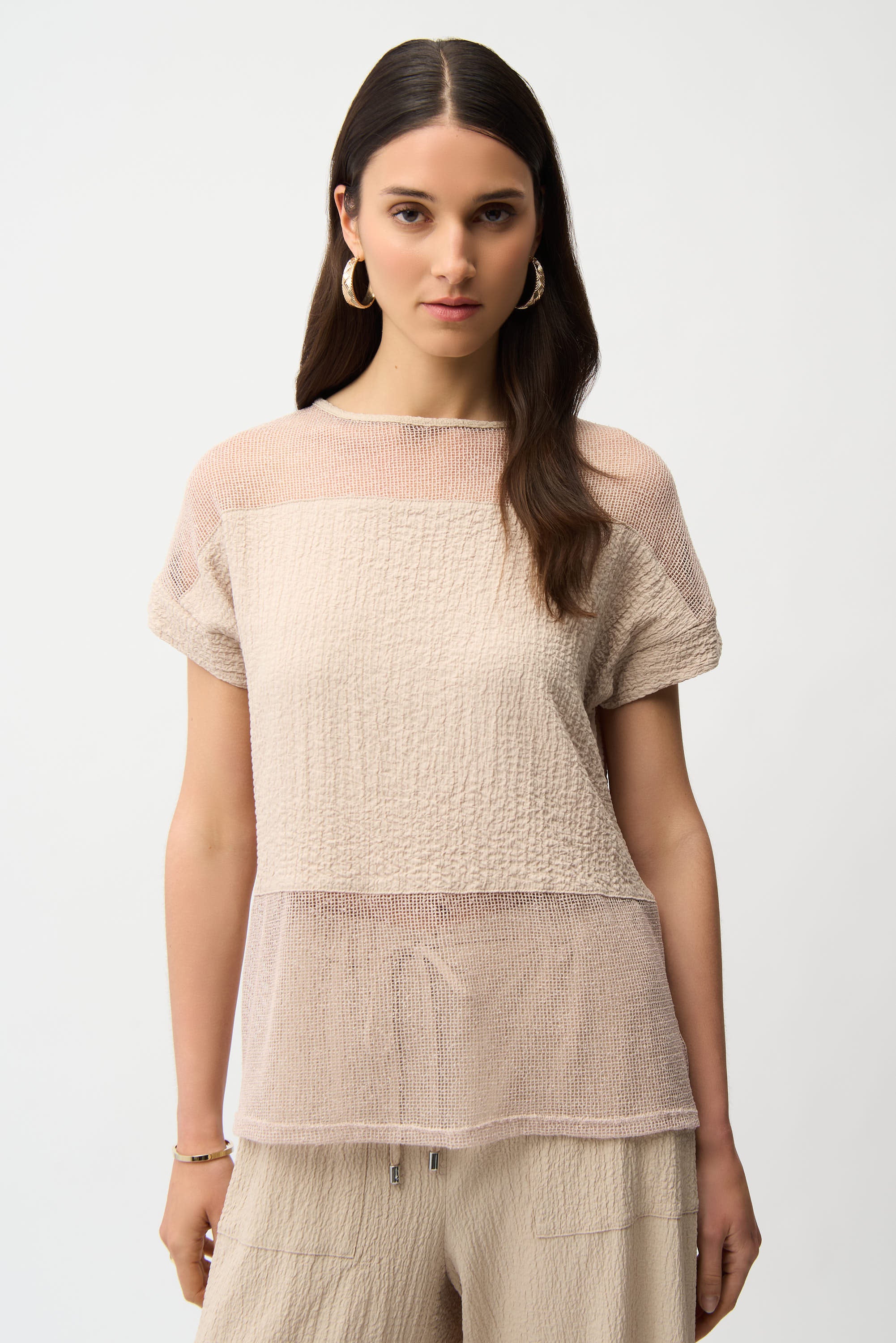 Seersucker and Mesh Boxy Top With Boat Neckline