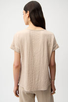 Seersucker and Mesh Boxy Top With Boat Neckline