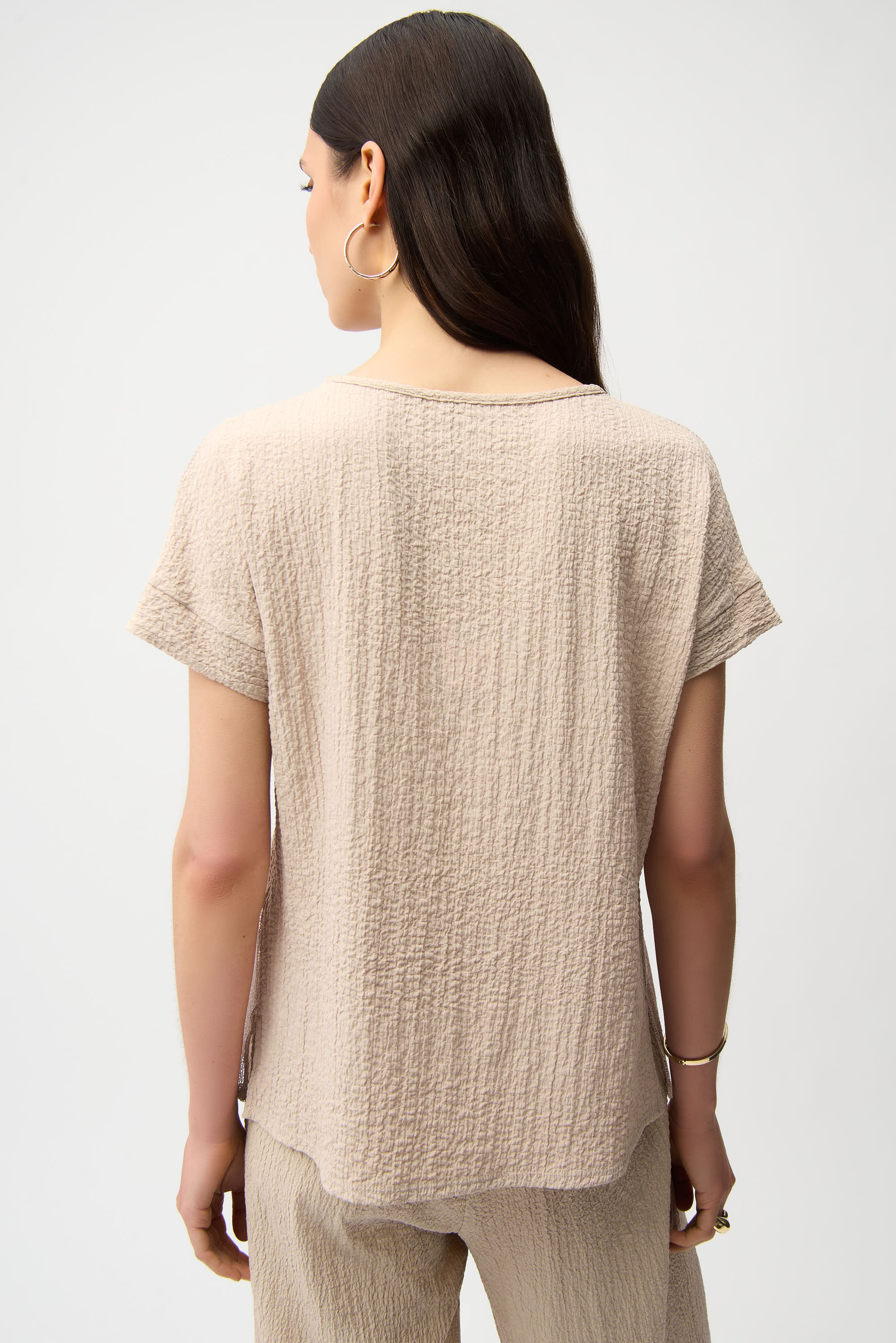 Seersucker and Mesh Boxy Top With Boat Neckline