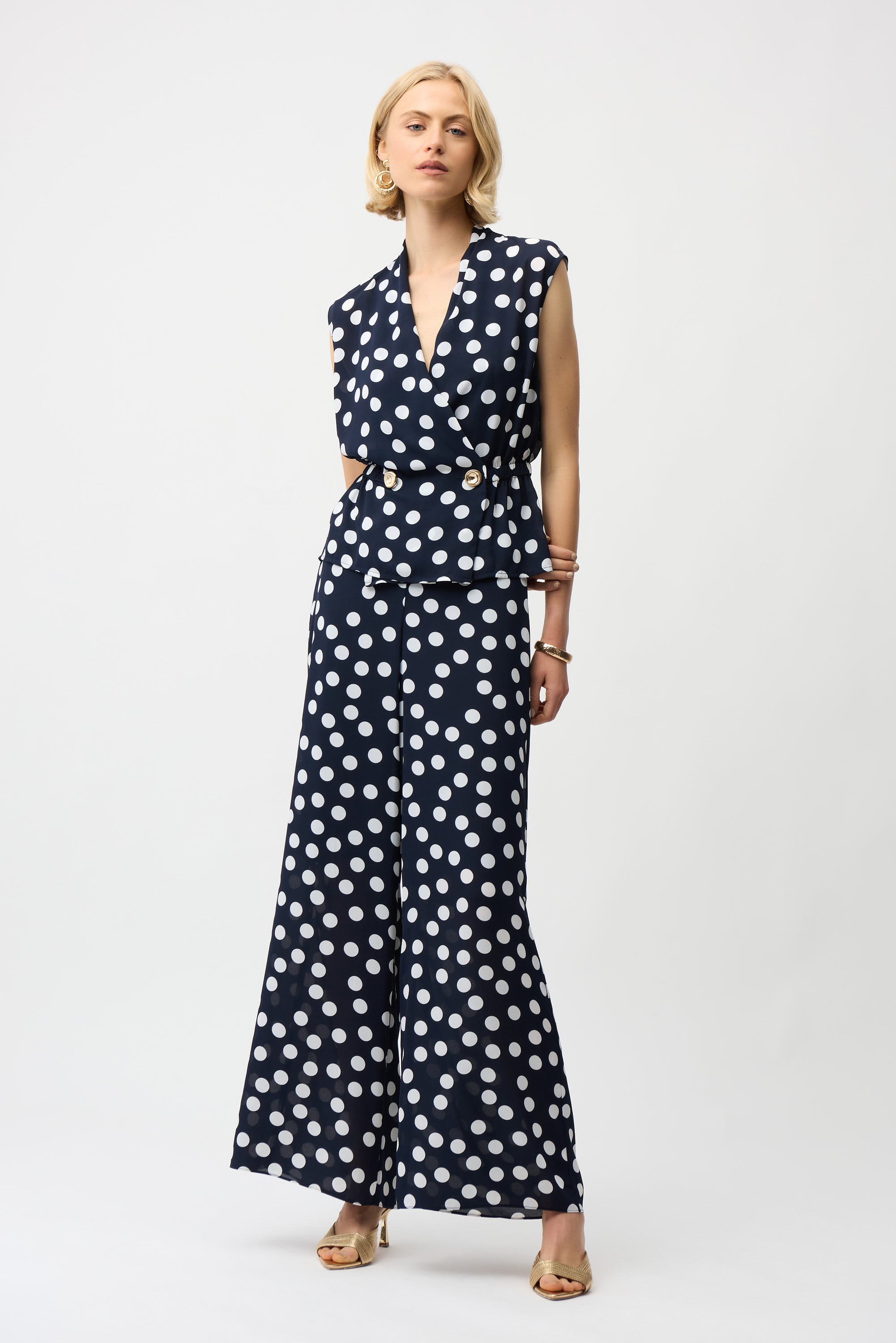 Georgette Dot Print Wrap Peplum Top With Gold Buttons