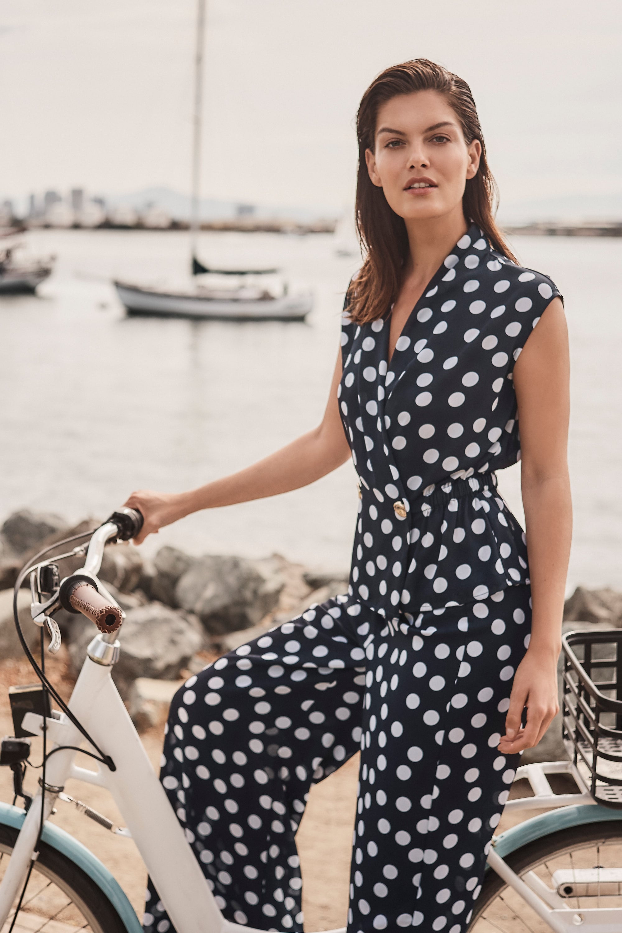 Georgette Dot Print Wrap Peplum Top With Gold Buttons