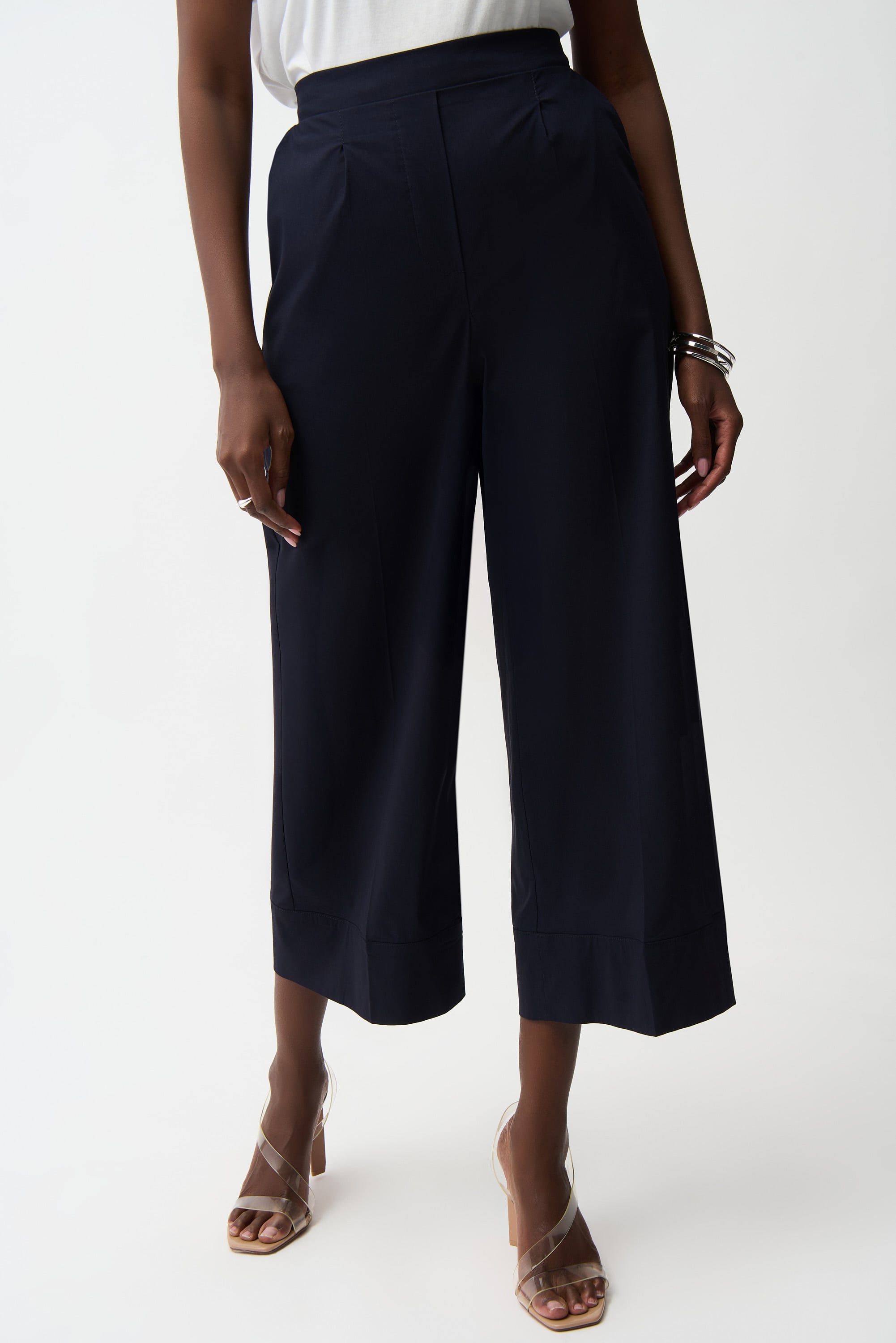 Stretch Poplin Pull-On Culotte Pants With Pleats