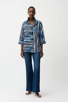 Jacquard Stripe Print Trapeze Jacket With Shirred Collar