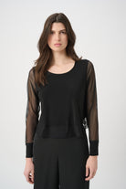 Silky Knit Crewneck Top With Mesh Sleeves and Layered Lining