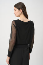 Silky Knit Crewneck Top With Mesh Sleeves and Layered Lining