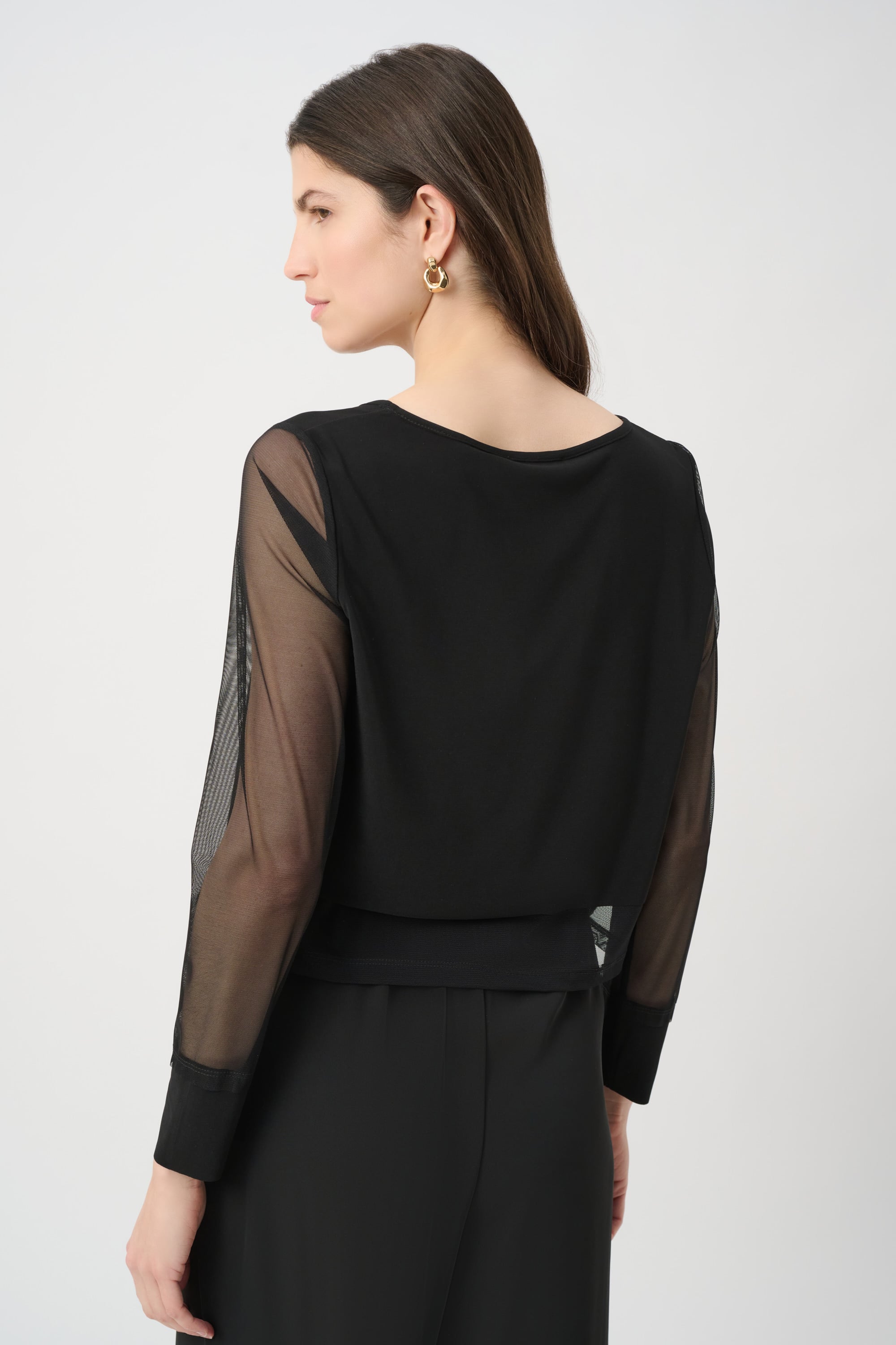 Silky Knit Crewneck Top With Mesh Sleeves and Layered Lining