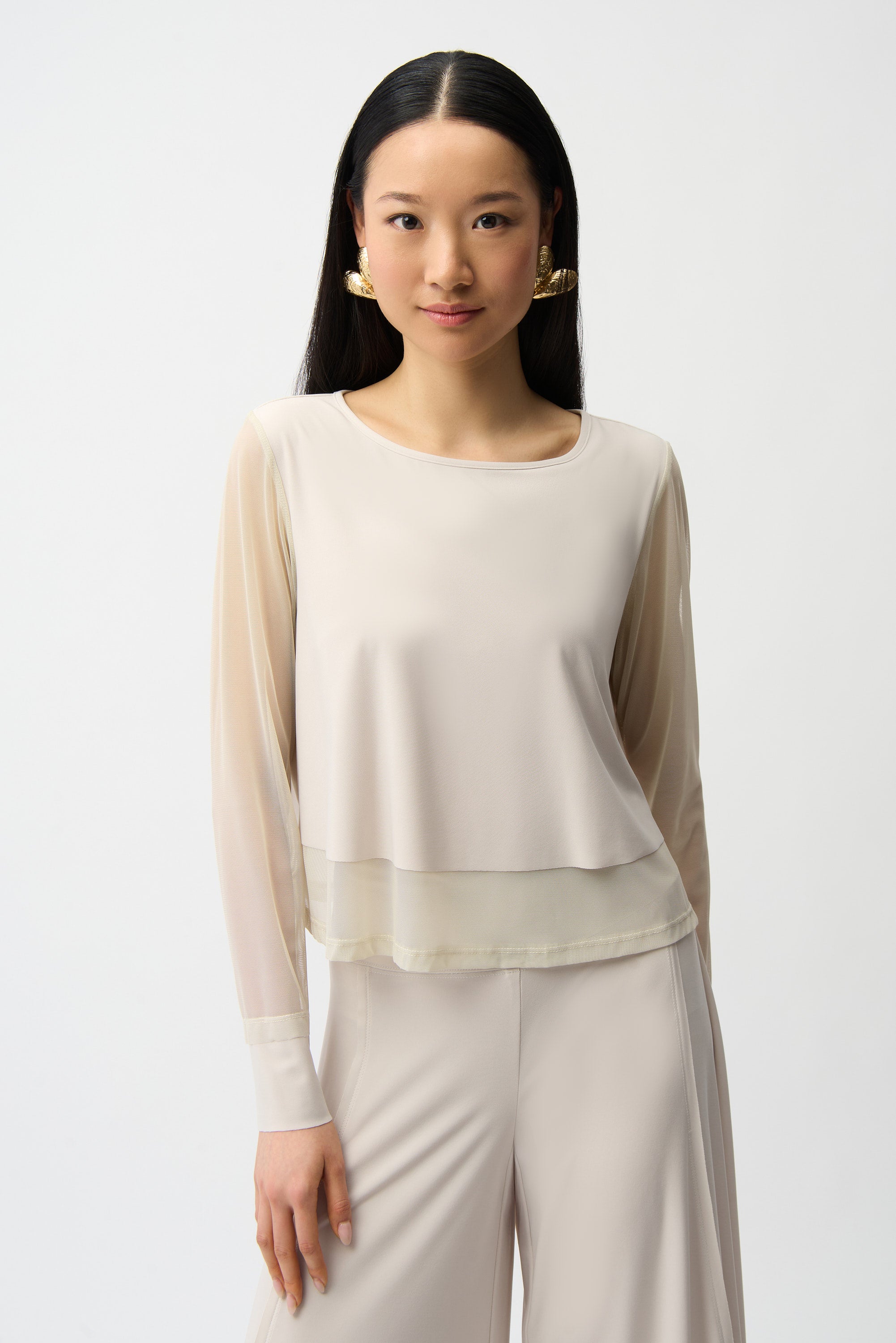 Silky Knit Crewneck Top With Mesh Sleeves and Layered Lining