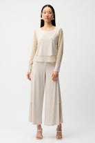 Silky Knit Crewneck Top With Mesh Sleeves and Layered Lining