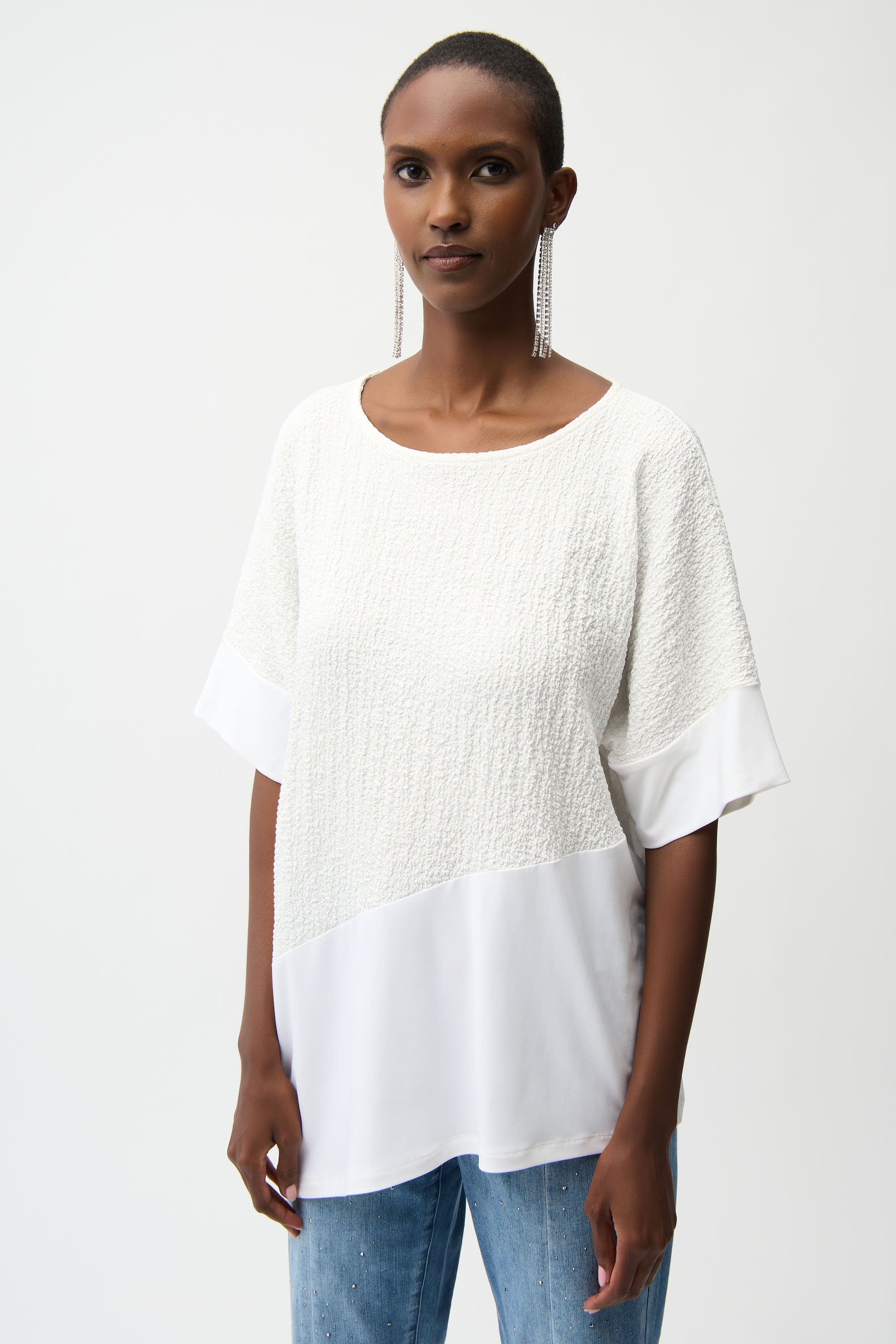 Seersucker And Silky Knit Asymmetrical Top