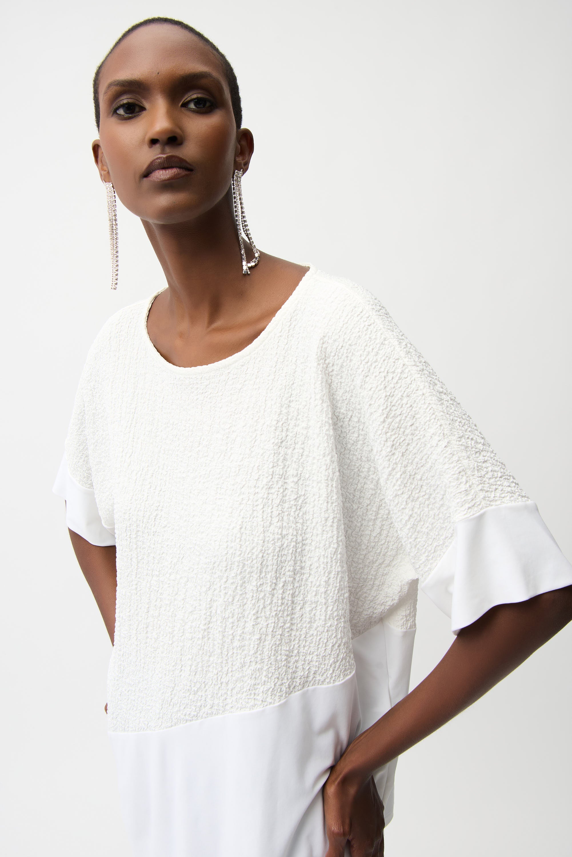 Seersucker And Silky Knit Asymmetrical Top