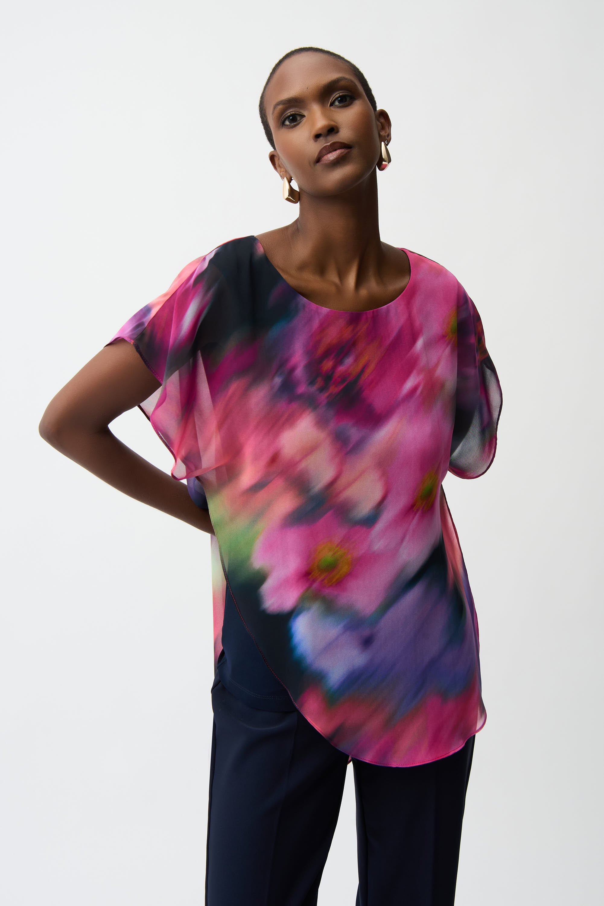 Recycled Chiffon Floral Print Asymmetrical Layered Top