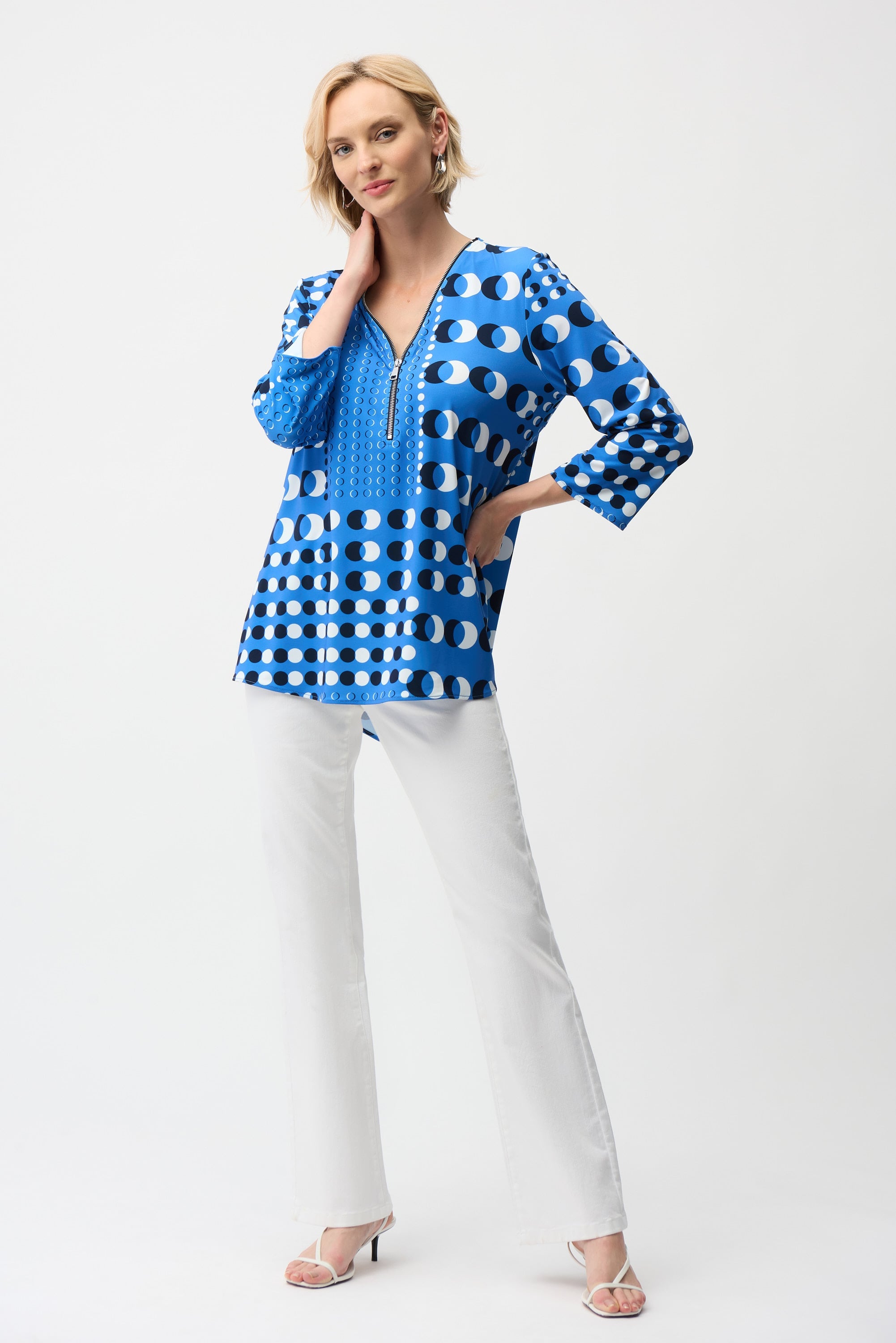 Silky Knit Dot Print Fit and Flare Tunic With Zipper Neckline