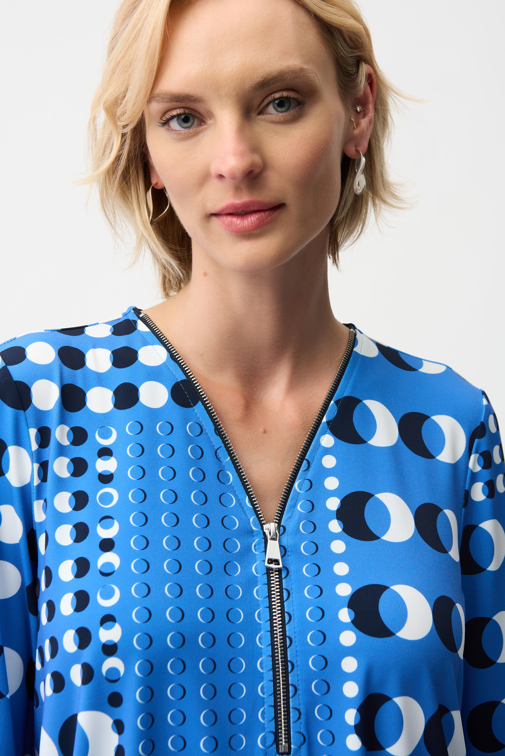 Silky Knit Dot Print Fit and Flare Tunic With Zipper Neckline