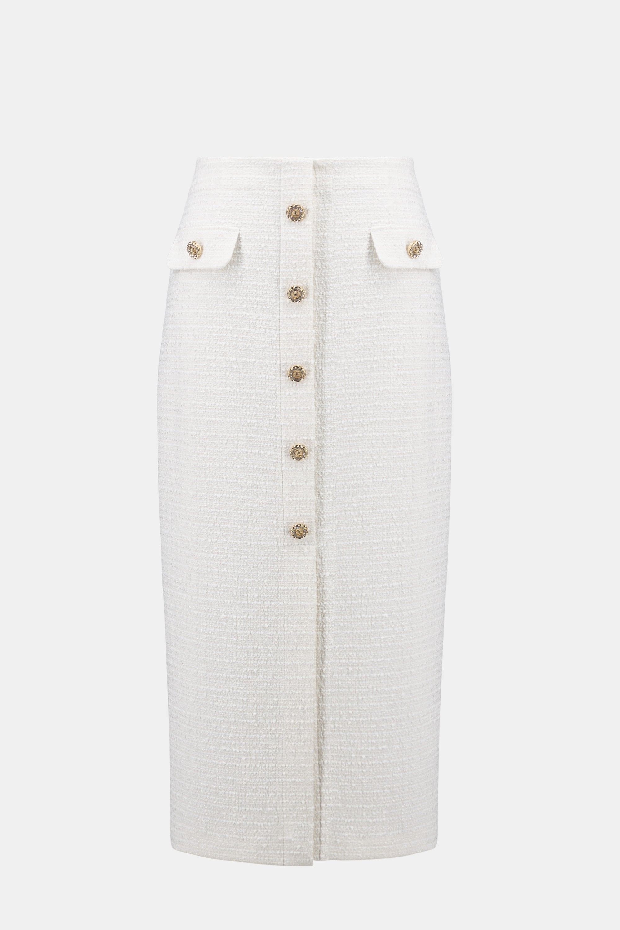 Bouclé Pencil Skirt With Gold Buttons