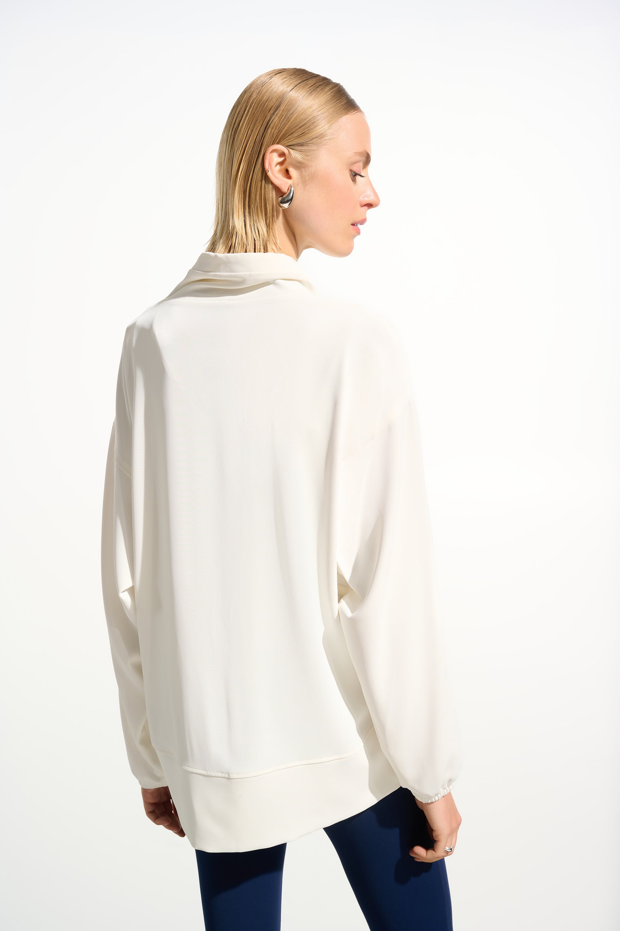 Woven Twill Boxy Tunic With Funnel Collar