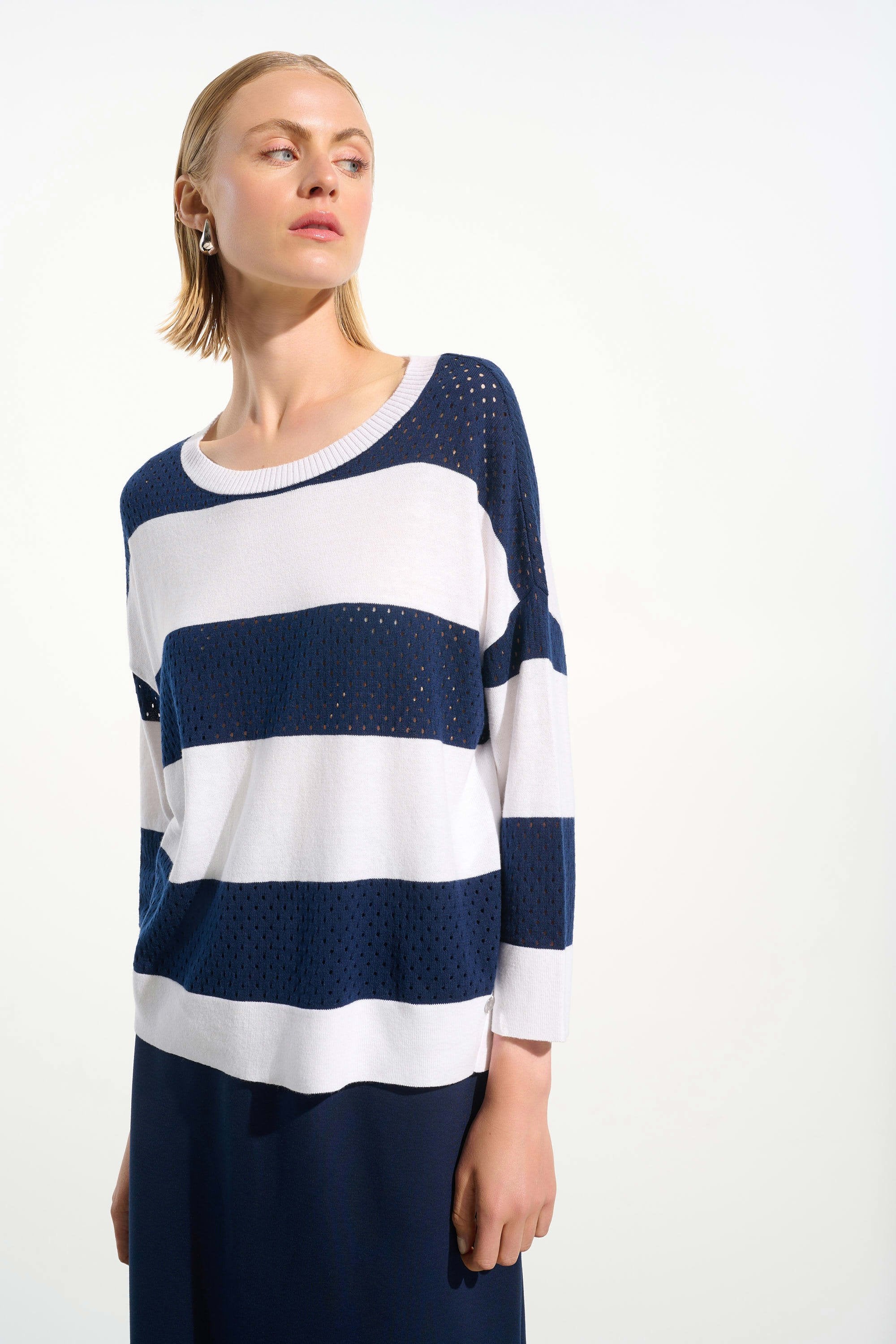 Joseph Ribkoff Cotton Blend Stripe Print Crewneck Sweater-261635