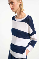 Joseph Ribkoff Cotton Blend Stripe Print Crewneck Sweater-261635