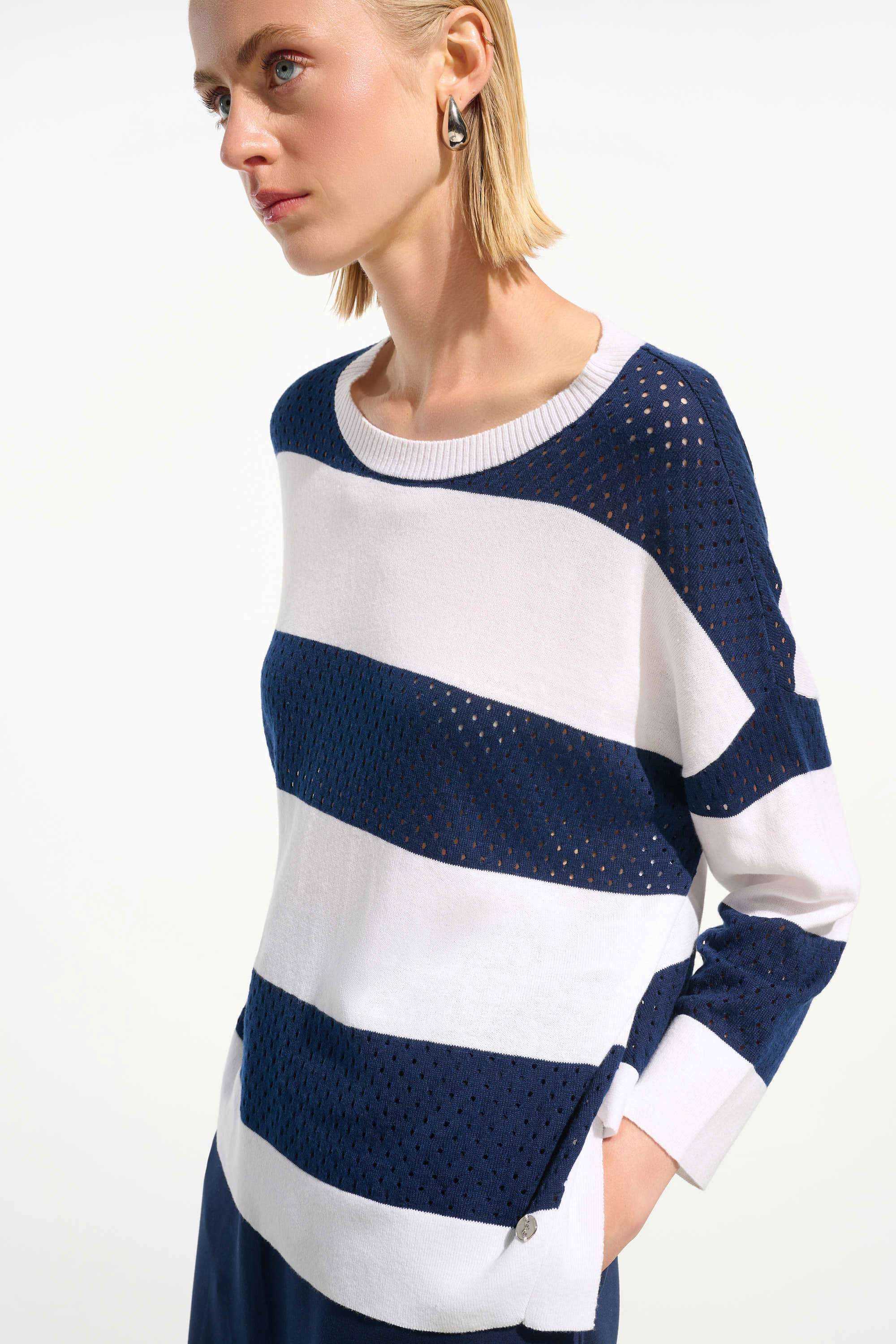 Joseph Ribkoff Cotton Blend Stripe Print Crewneck Sweater-261635