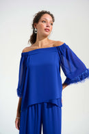 Joseph Ribkoff Signature | Chiffon Off Shoulder Trapeze Top With Novelty Trim-261717