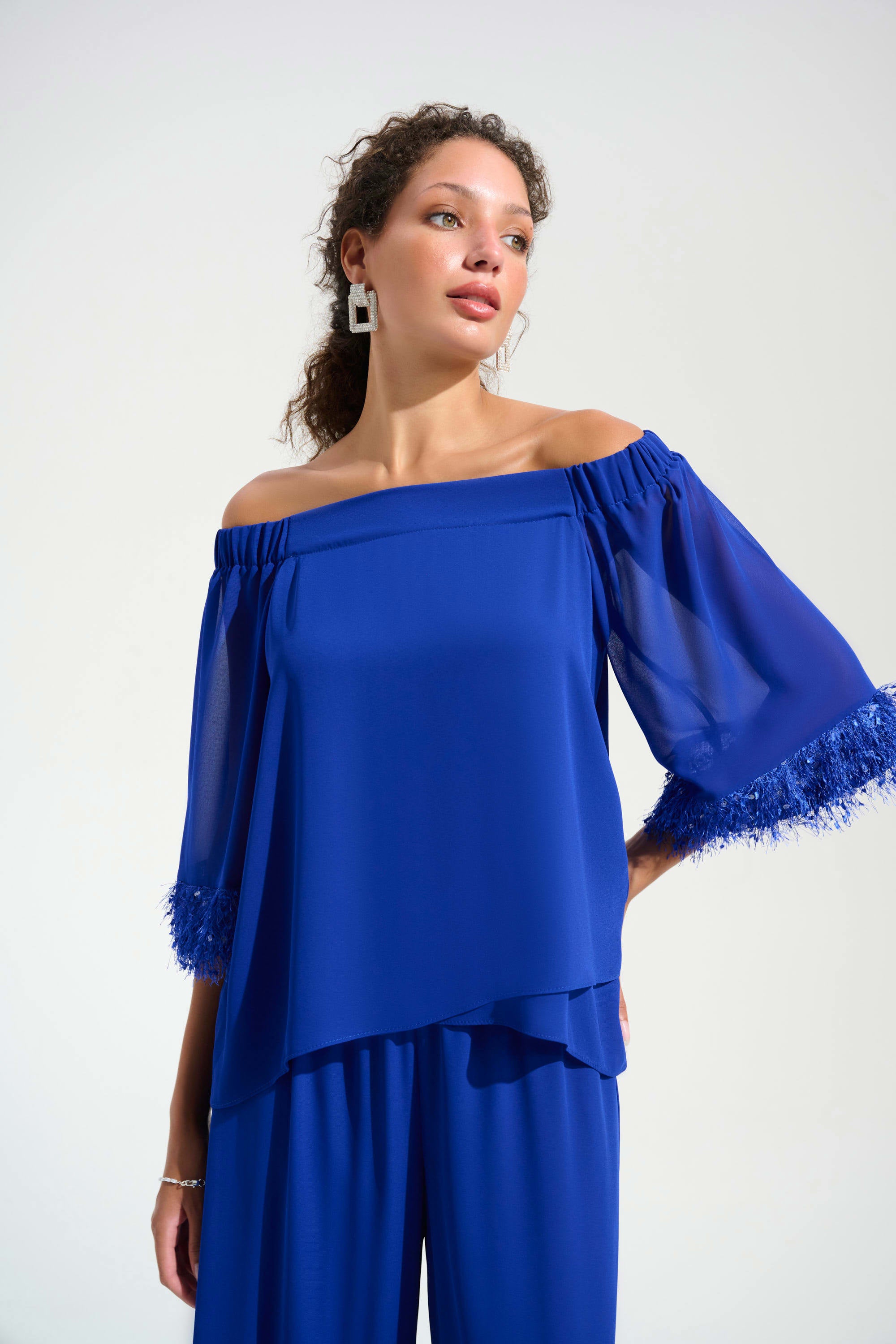 Joseph Ribkoff Signature | Chiffon Off Shoulder Trapeze Top With Novelty Trim-261717